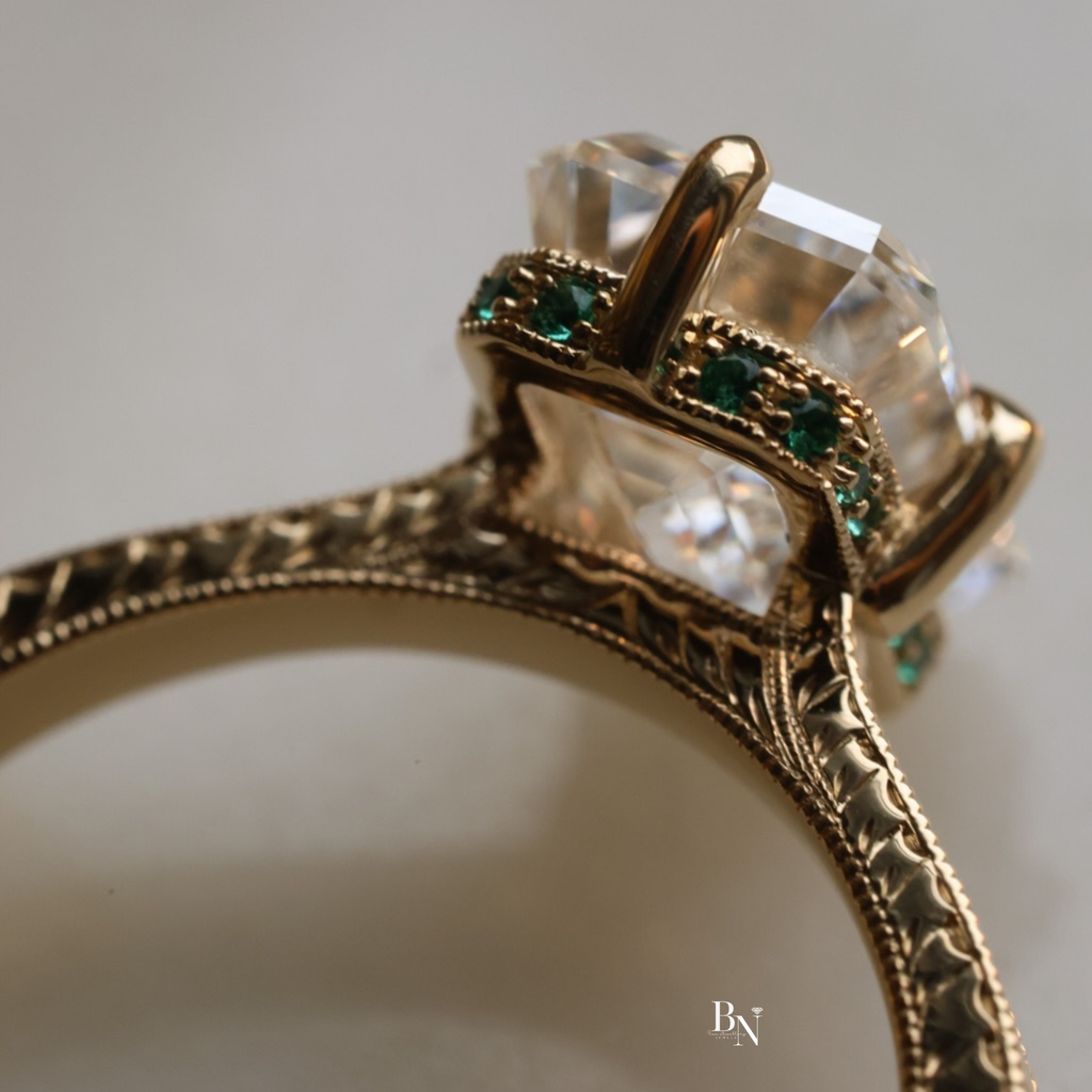 3ct Emerald Cut Lab Grown Diamond Engagement Ring | Vintage Filigree 14k Gold Band | Hidden Emerald Halo | Art Deco Bridal | IGI Certified