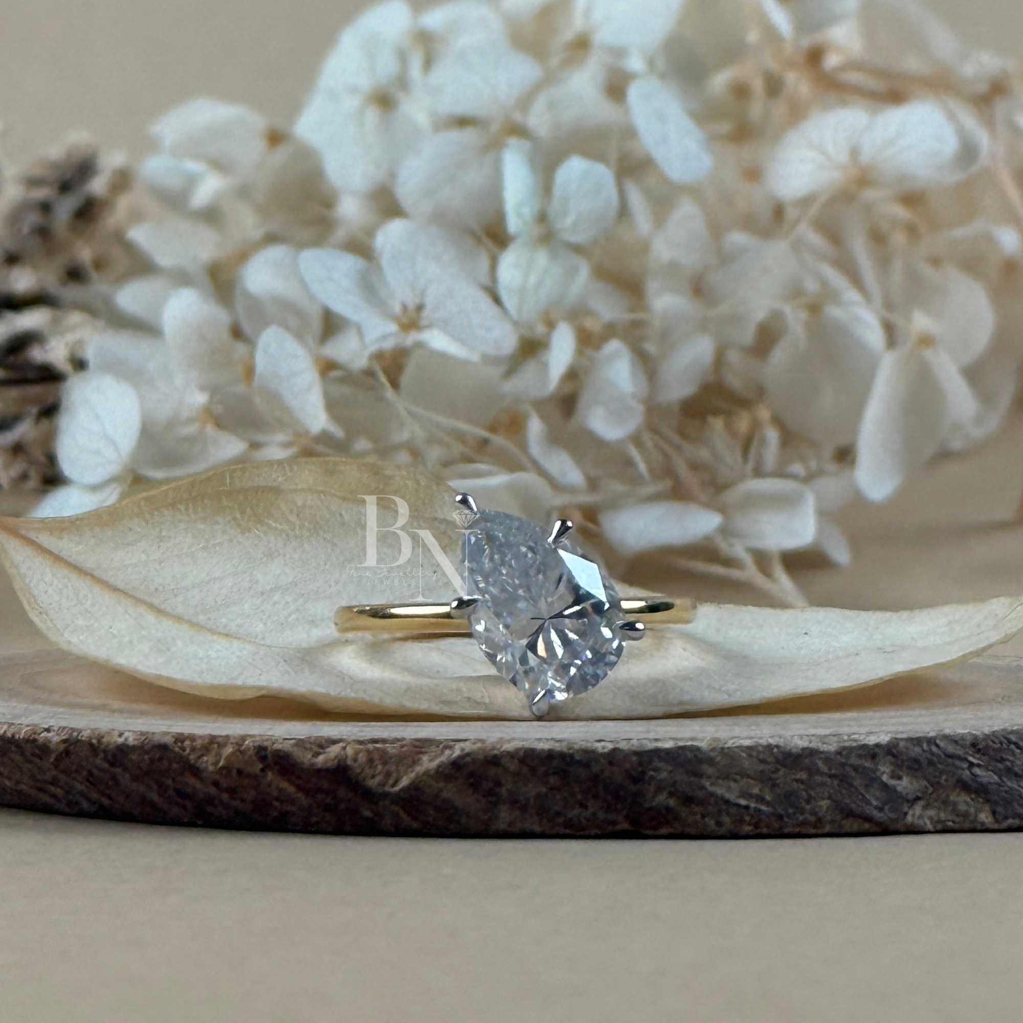 3ct Pear Cut Lab Grown Diamond Engagement Ring | Hidden Halo | Two Tone Pave Bridge Solitaire | IGI Certified | Bridal Settaire | IGI Certified | Bridal Set