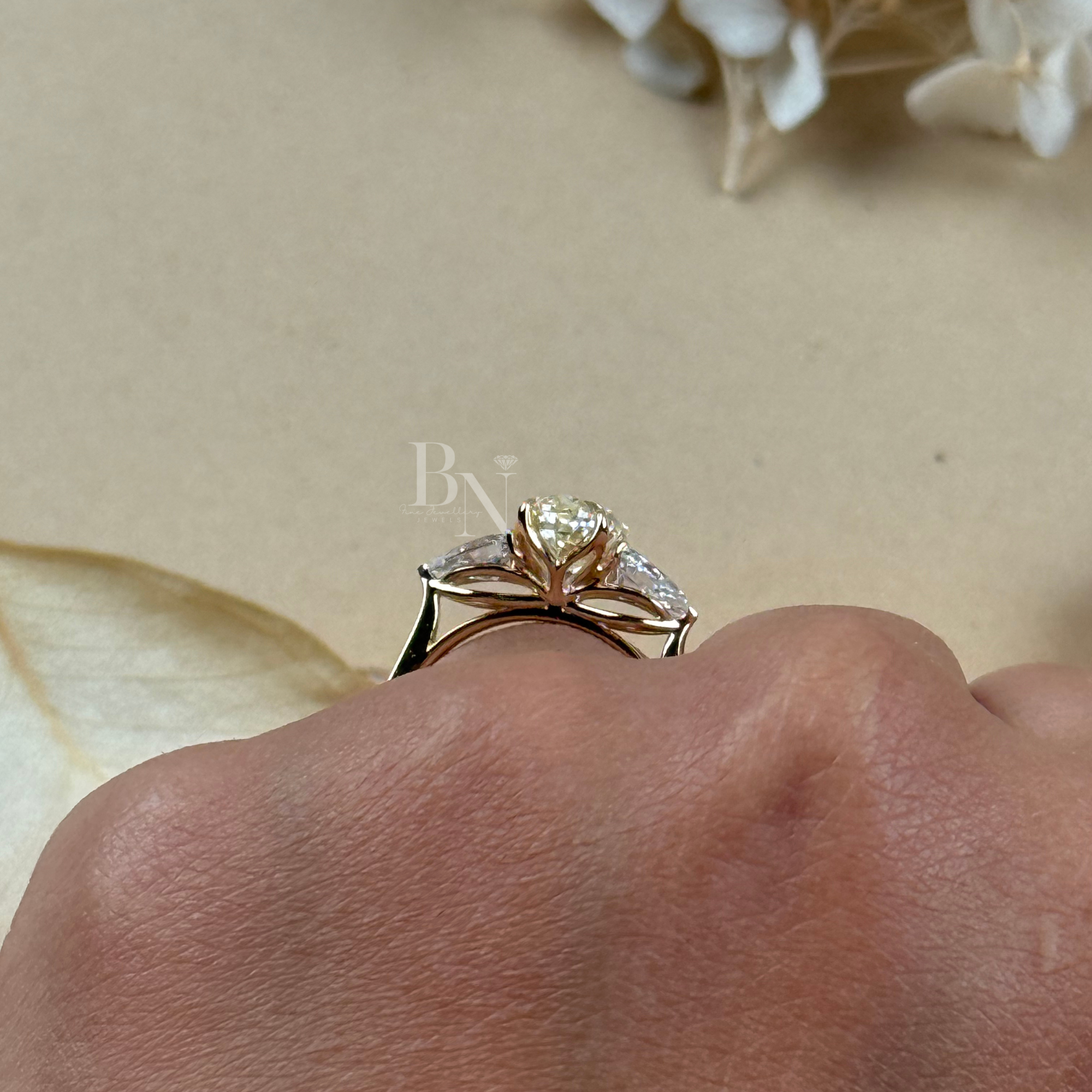 1.8ct Fancy Yellow Oval Lab Diamond Engagement Ring | Pear Side Stones | 14K Gold Three Stone Ring | IGI Certified Oval Cut Bridal Jewelry