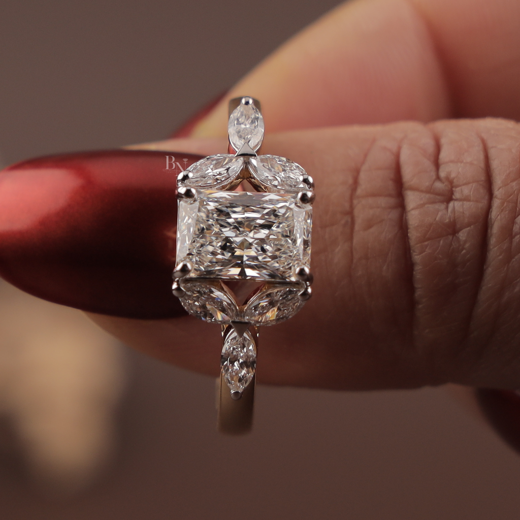 Radiant Cut Engagement Ring | 14k Gold Leaf Marquise Accents Three Stone Proposal Ring