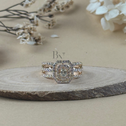 0.5ct Emerald Cut Lab Grown Diamond Engagement Ring | Double Halo Pavé Band 14K Yellow Gold
