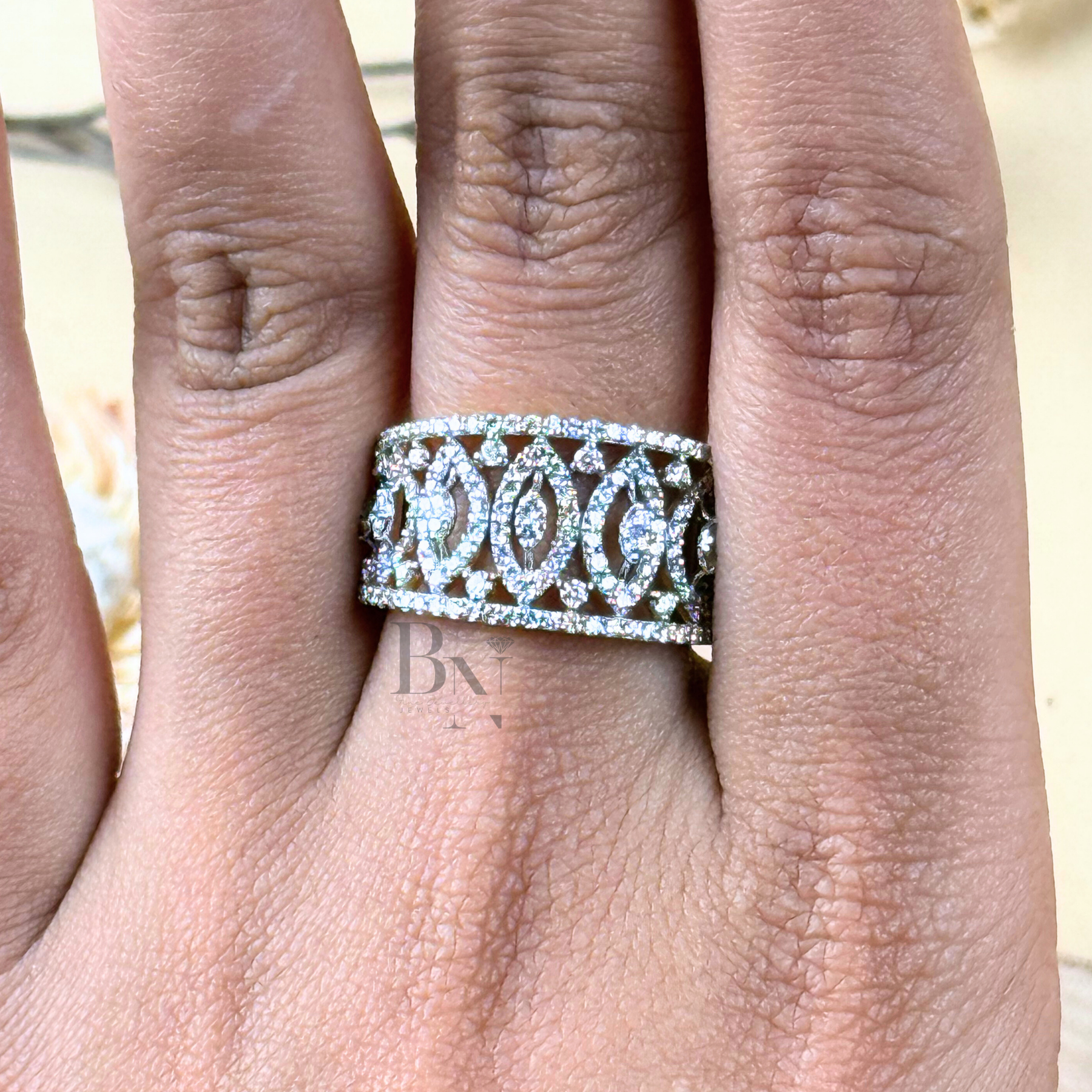 Marquise Round Lab Grown Diamond Wedding Band | Wide Art Deco Filigree Pavé Statement Band 14K Yellow Gold