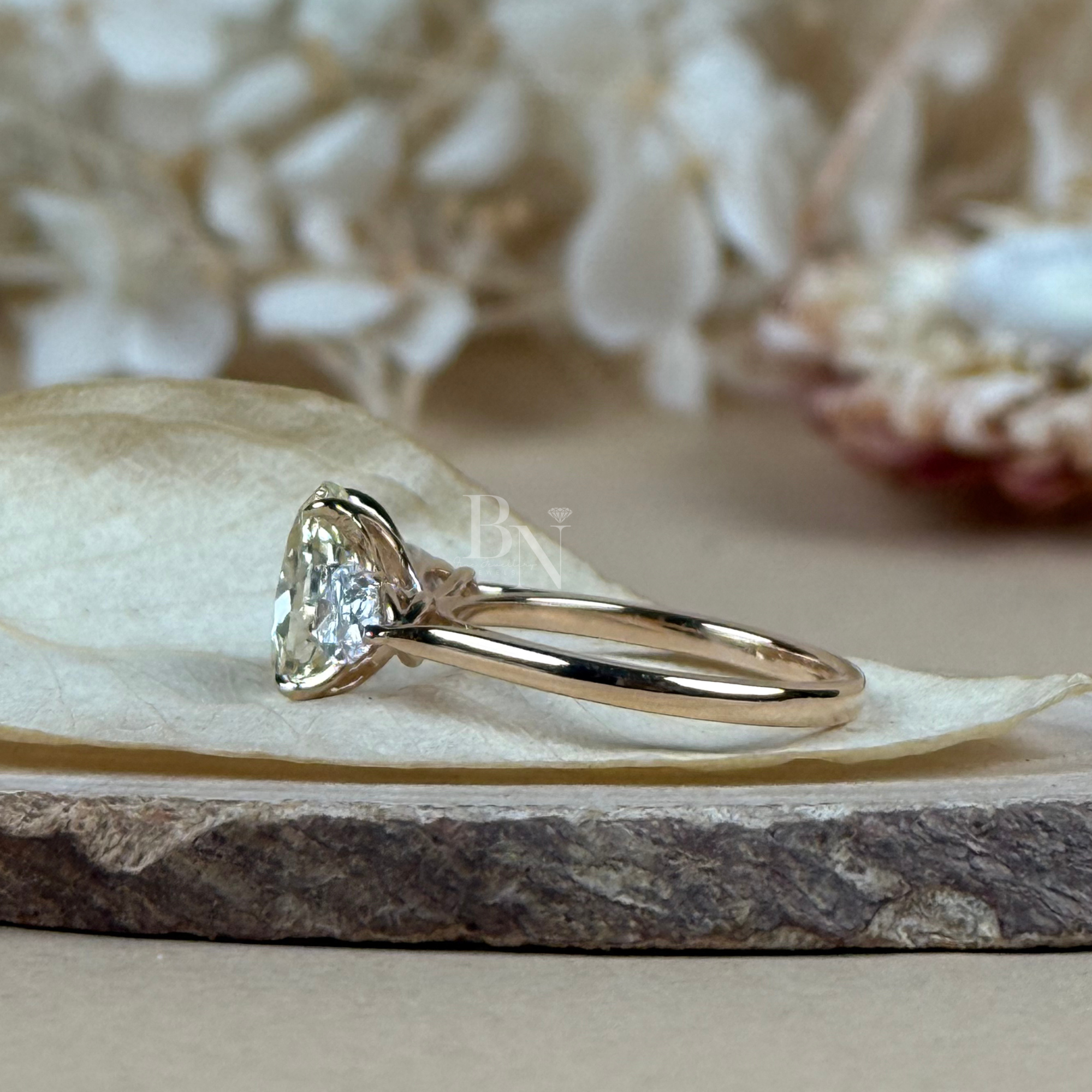 1.8ct Fancy Yellow Oval Lab Diamond Engagement Ring | Pear Side Stones | 14K Gold Three Stone Ring | IGI Certified Oval Cut Bridal Jewelry