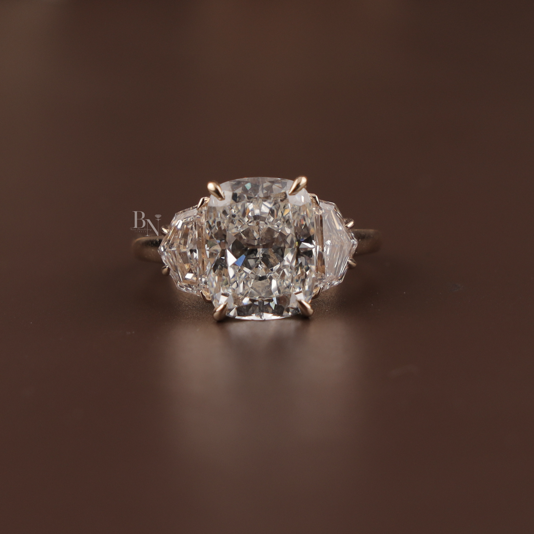 4ct Cushion Cut Lab Grown Diamond Engagement Ring | Three Stone Cadillac Side Stones 14K Yellow Gold