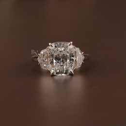 4ct Cushion Cut Lab Grown Diamond Engagement Ring | Three Stone Cadillac Side Stones 14K Yellow Gold