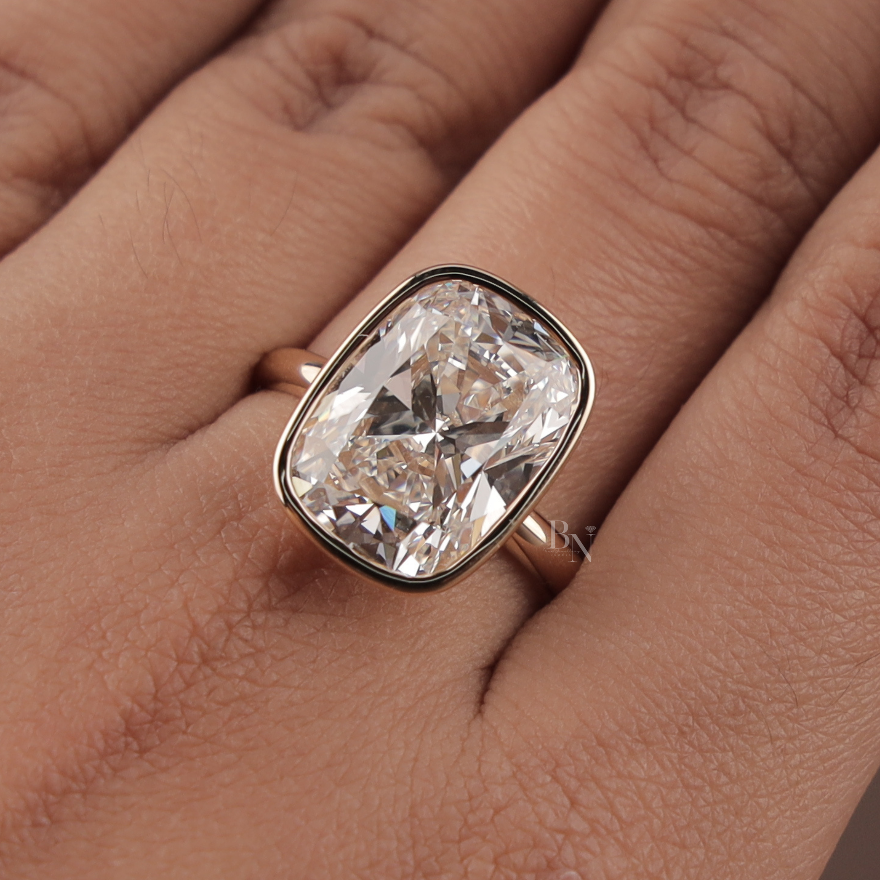 7ct Cushion Lab Grown Diamond Engagement Ring | Modern Bezel Set Solitaire 14K Yellow Gold