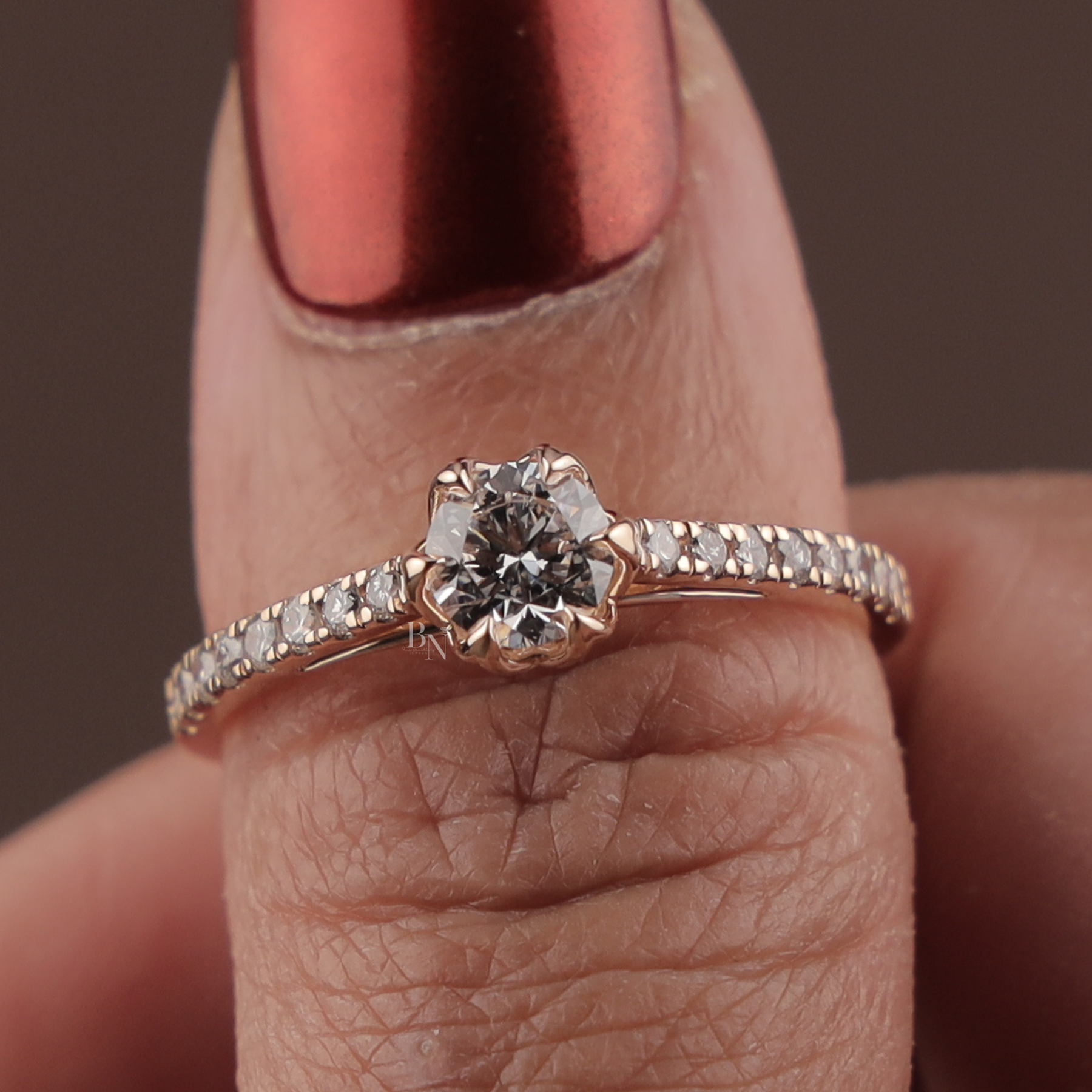 1ct Round Lab Grown Diamond Engagement Ring | Floral Petal Pavé Dainty Bridal 14K Rose Gold