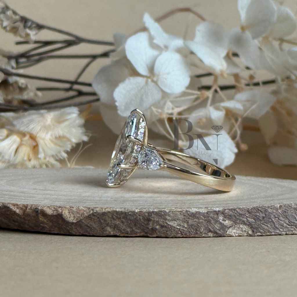 3ct Marquise Lab Grown Diamond Engagement Ring | Hidden Halo | 14K Gold Three Stone Pear Side | Type IIa IGI Certified