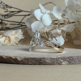 3ct Marquise Lab Grown Diamond Engagement Ring | Hidden Halo Three Stone Pear Side Stones 14K Gold
