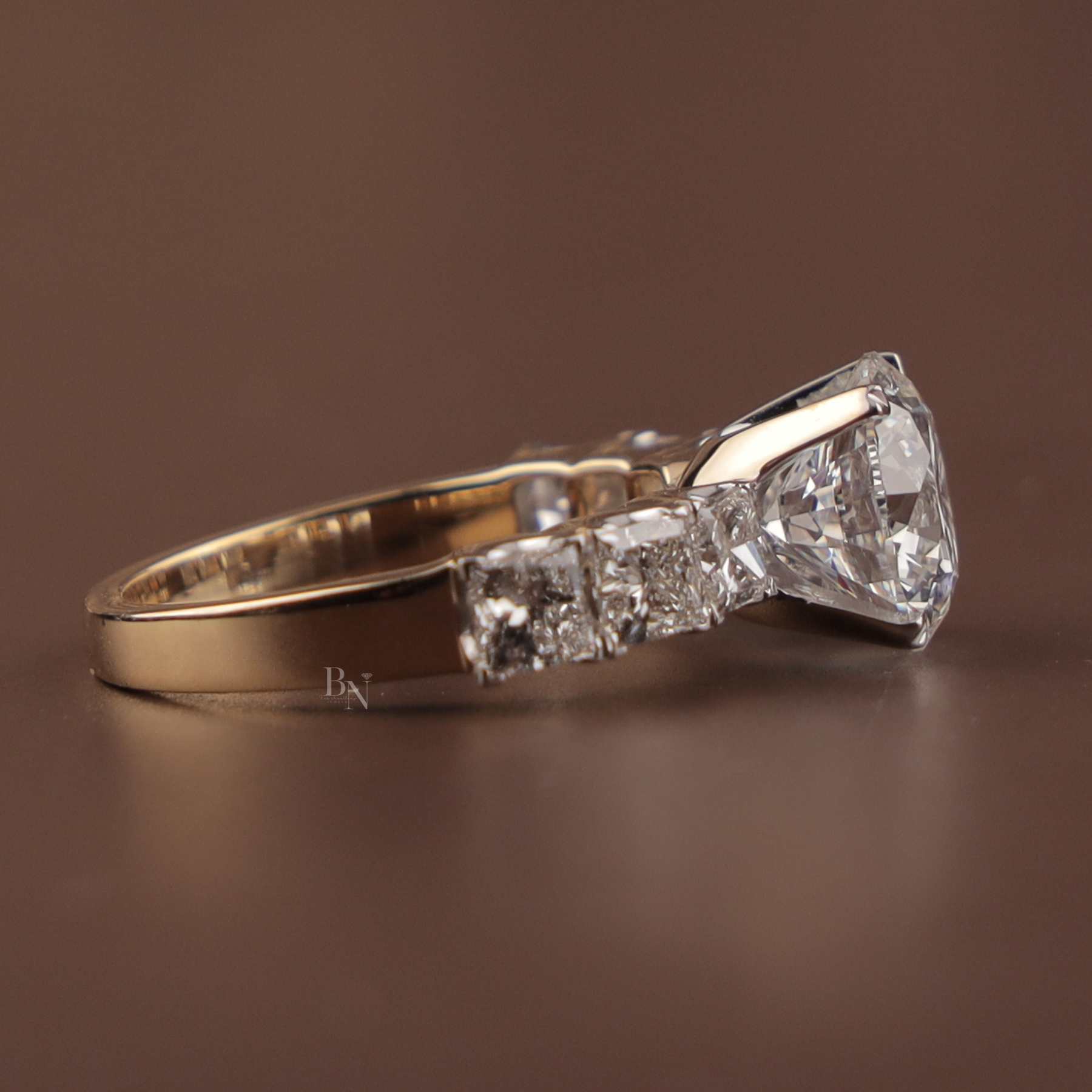 3ct Round Lab Grown Diamond Engagement Ring | NSEW Compass Prong Princess Cut Accents 14K Gold