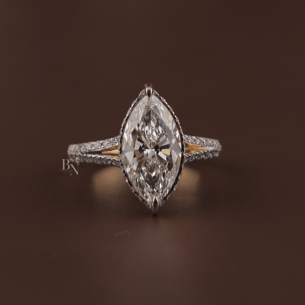 3ct Marquise Lab Grown Diamond Engagement Ring | Hidden Halo Pave Bridal Ring | 14K Yellow Gold Split Shank | IGI Certified | Promise Ring