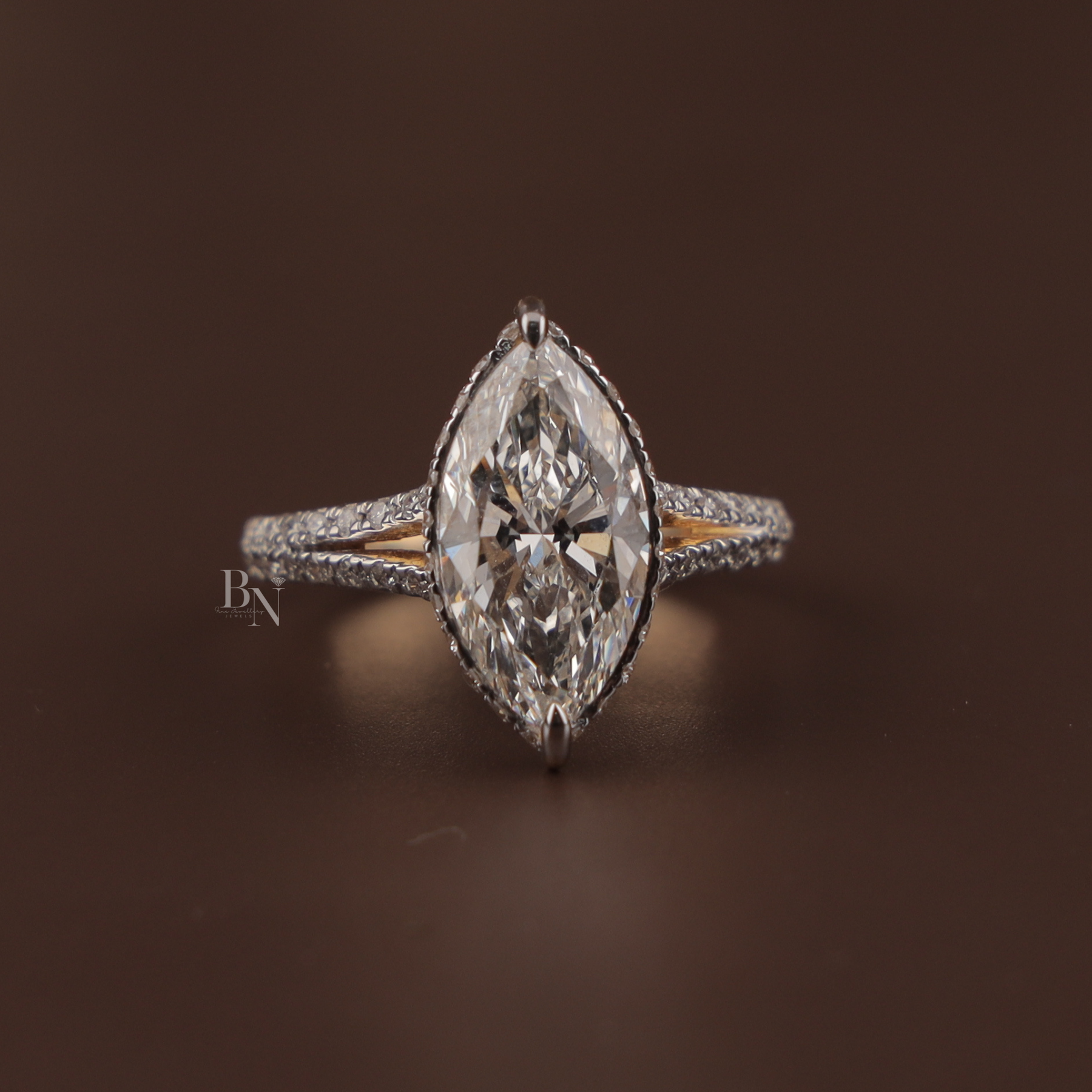 3ct Marquise Lab Grown Diamond Engagement Ring | Hidden Halo Pavé Split Shank 14K Yellow Gold