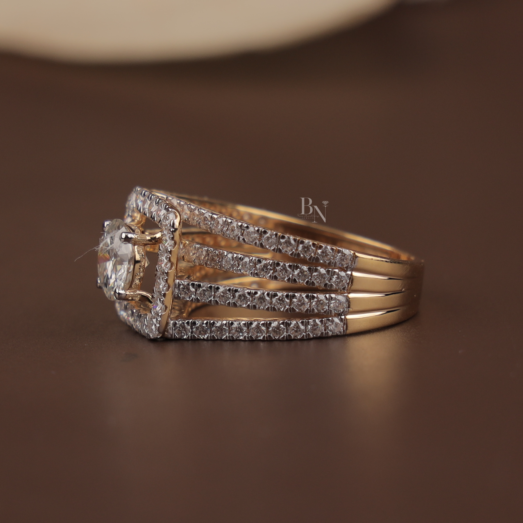 1ct Round Lab Grown Diamond Engagement Ring | Square Halo Triple Pavé Band 14K Yellow Gold