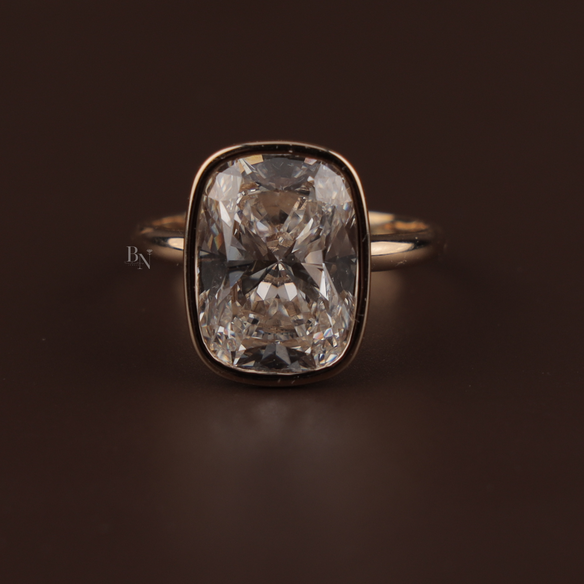 7ct Cushion Lab Grown Diamond Engagement Ring | Modern Bezel Set Ring | 14K Yellow Gold Solitaire | IGI Certified | Statement Bridal Ring