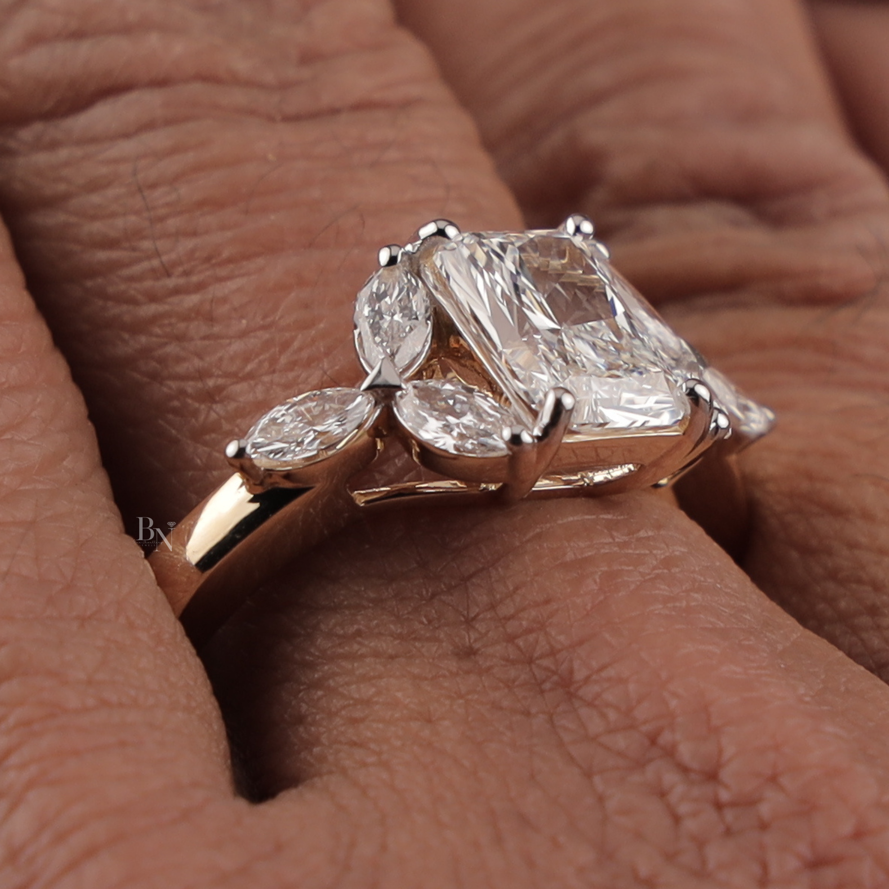 Radiant Cut Lab Grown Diamond Engagement Ring | Leaf Marquise Accents Three Stone 14K Gold