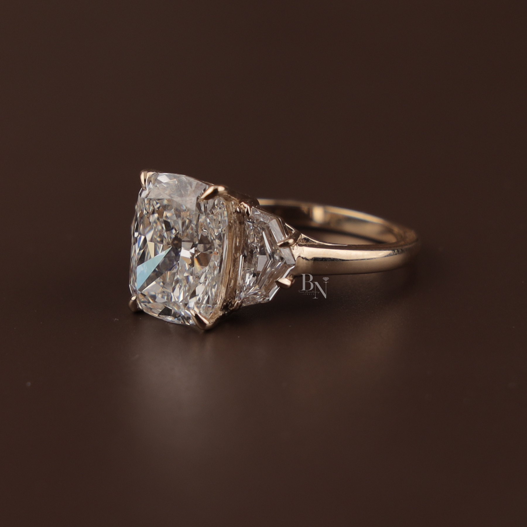 4ct Cushion Cut Lab Grown Diamond Engagement Ring | Three Stone Cadillac Side Stones 14K Yellow Gold