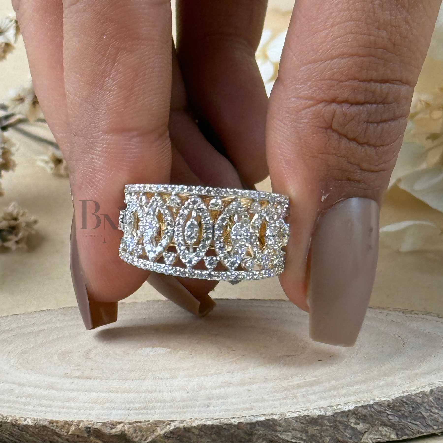 Marquise Round Lab Grown Diamond Wedding Band | Wide Art Deco Filigree Pavé Statement Band 14K Yellow Gold
