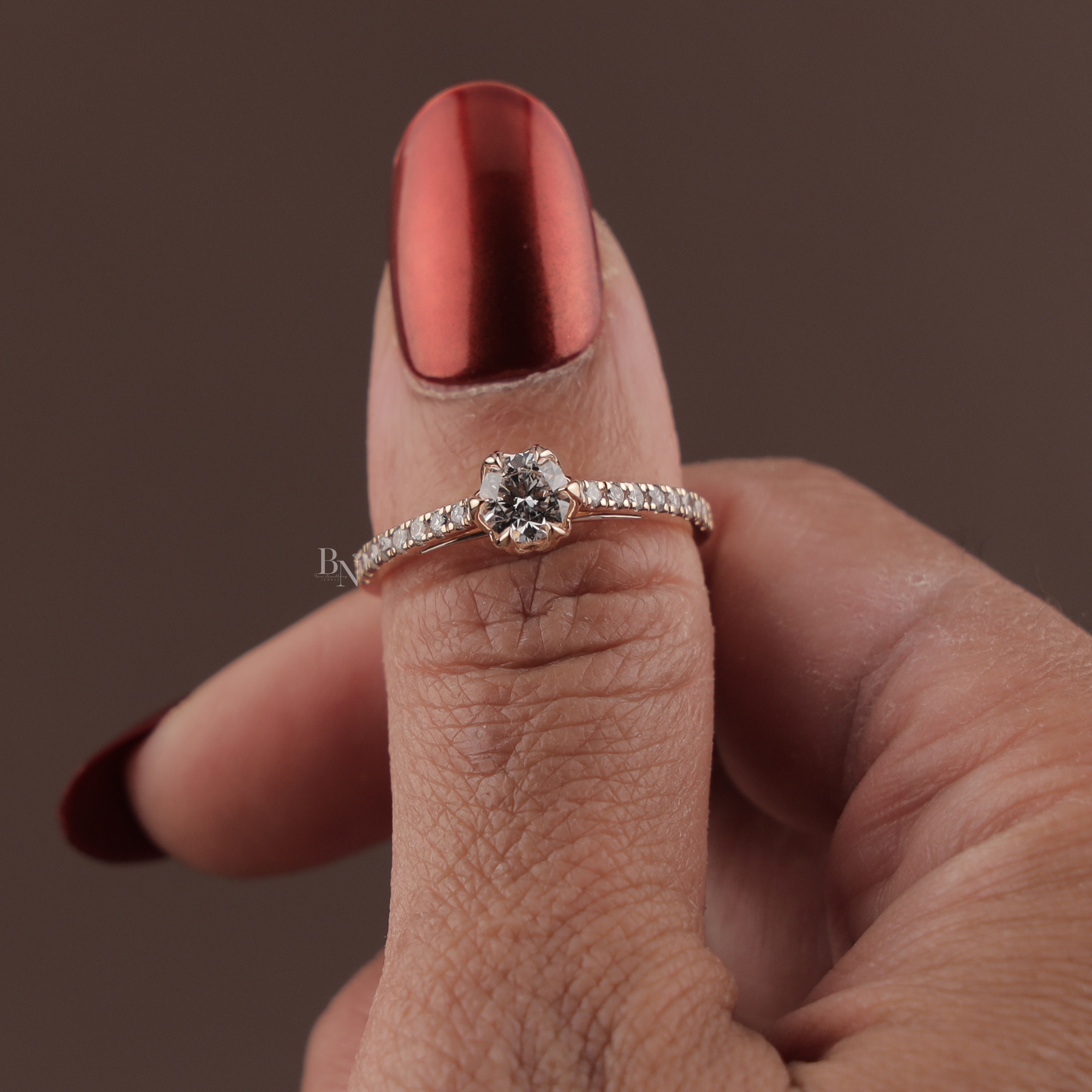 1ct Round Lab Grown Diamond Engagement Ring | Floral Petal Pavé Dainty Bridal 14K Rose Gold