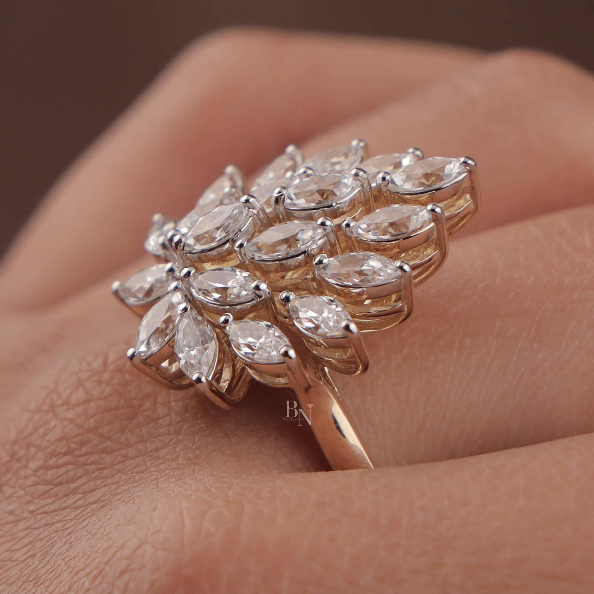 2ctw Marquise Lab Grown Diamond Statement Ring | 14K Yellow Gold Cluster Ring | Unique Sunburst Bridal Band | IGI Certified Lab Diamond |