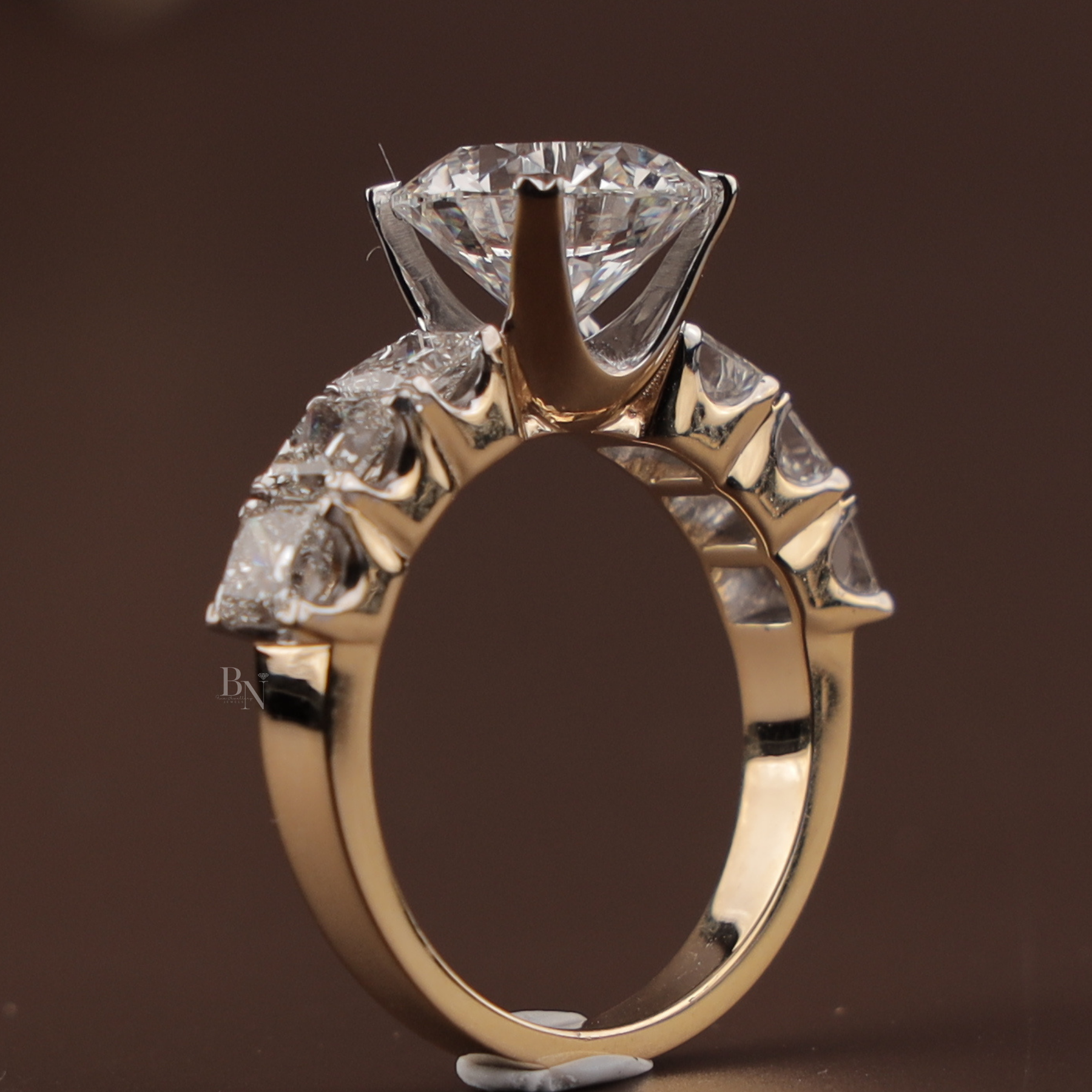 3ct Round Lab Grown Diamond Engagement Ring | NSEW Compass Prong Princess Cut Accents 14K Gold