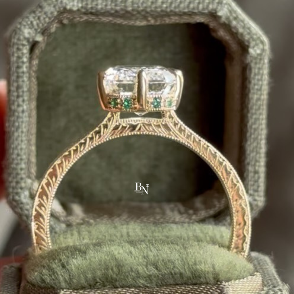 3ct Emerald Cut Lab Grown Diamond Engagement Ring | Vintage Filigree 14k Gold Band | Hidden Emerald Halo | Art Deco Bridal | IGI Certified