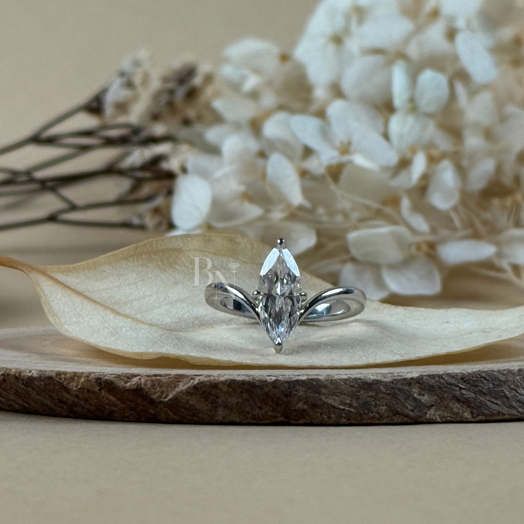 1ct Marquise Lab Grown Diamond Engagement Ring | V Shaped Bypass Solitaire 14K White Gold