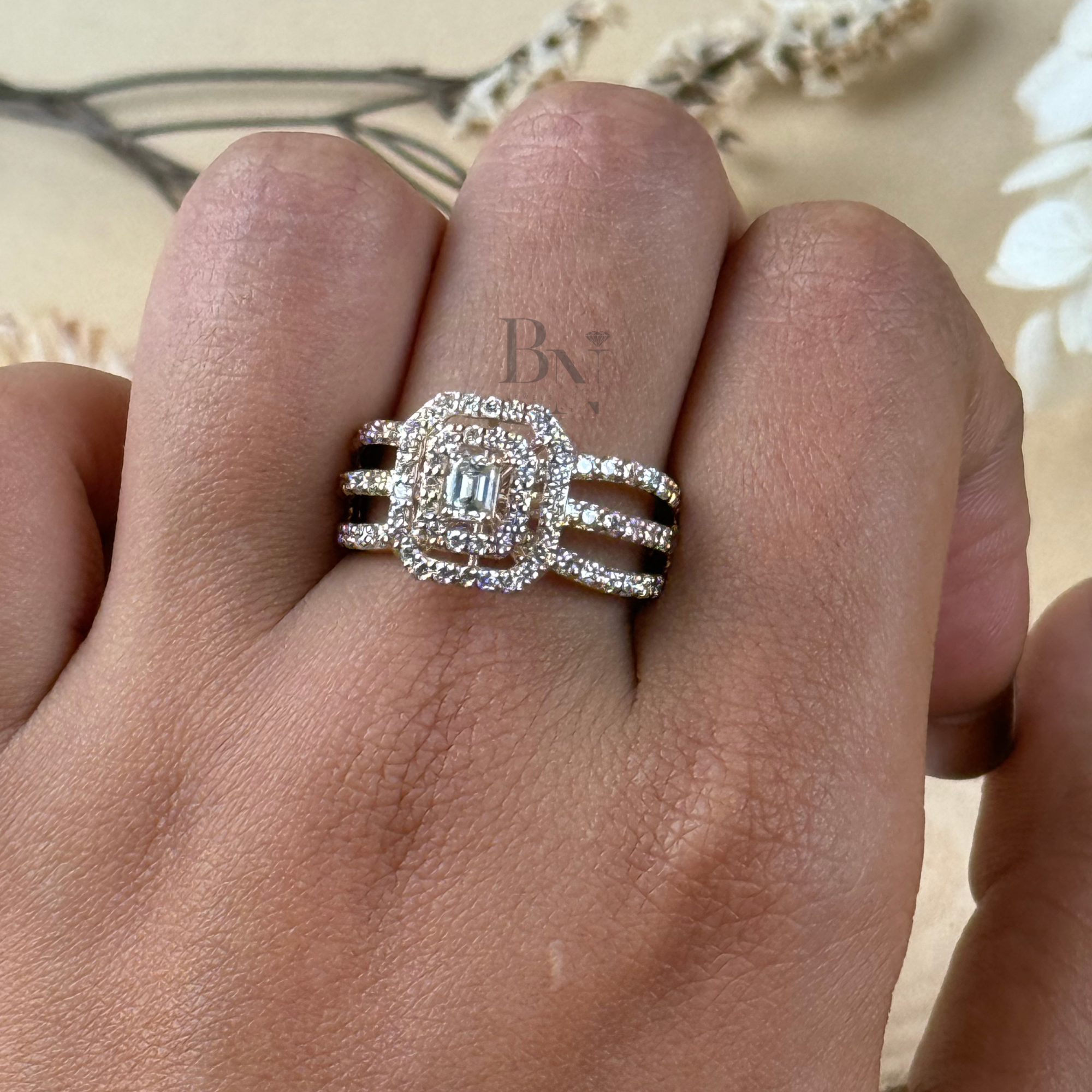 0.5ct Emerald Cut Lab Diamond Engagement Ring | Double Halo 14K Yellow Gold Pavé Band