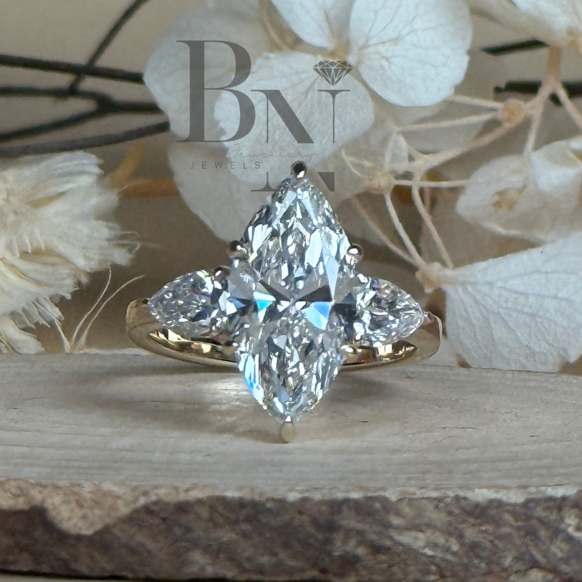 3ct Marquise Lab Grown Diamond Engagement Ring | Hidden Halo Three Stone Pear Side Stones 14K Gold