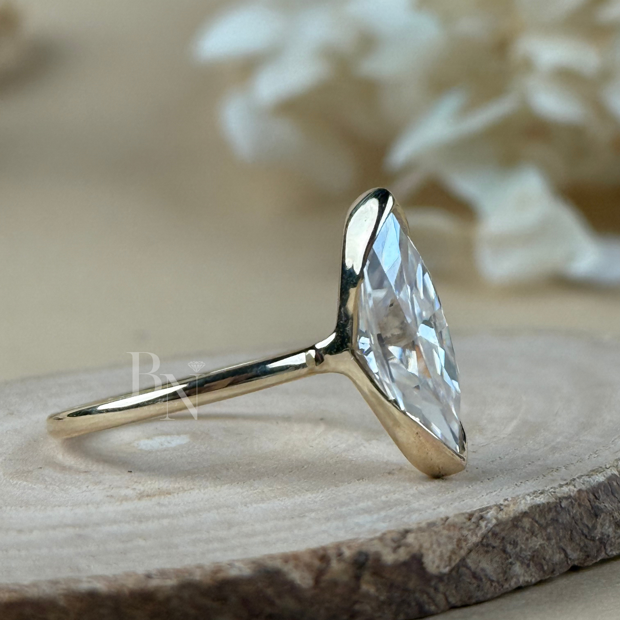 4ct Marquise Lab Grown Diamond Engagement Ring | 14K Yellow Gold Full Bezel Set Solitaire | Type IIa IGI Certified | Elongated Bridal Ring