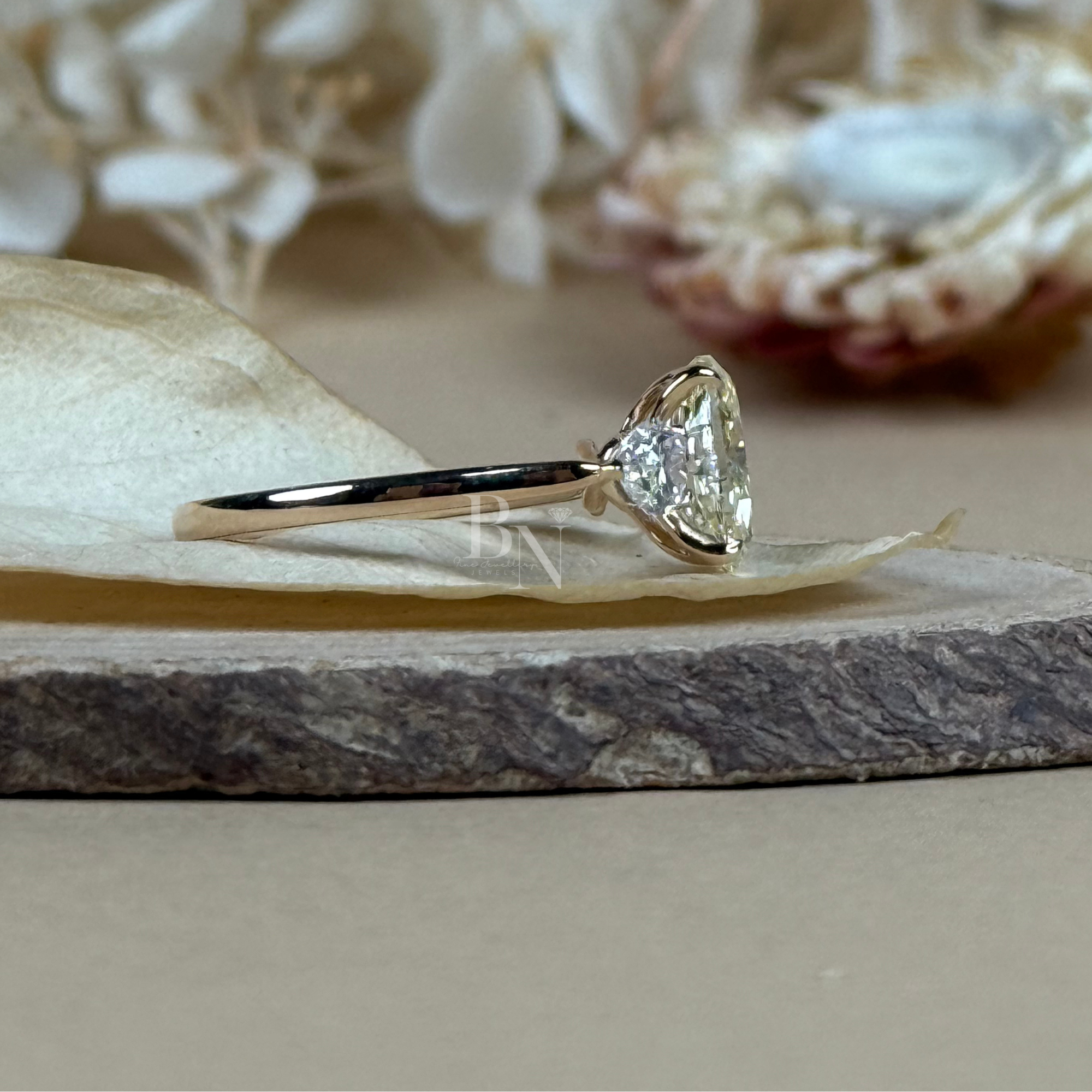 1.8ct Fancy Yellow Oval Lab Diamond Engagement Ring | Pear Side Stones | 14K Gold Three Stone Ring | IGI Certified Oval Cut Bridal Jewelry