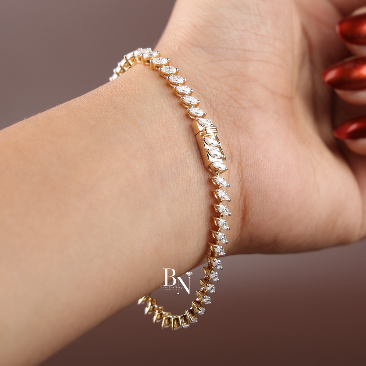 Marquise Cut Lab Grown Diamond Tennis Bracelet, 2.60 CTW Diagonal Slant Diamond Chain, Yellow Gold Fine Jewelry