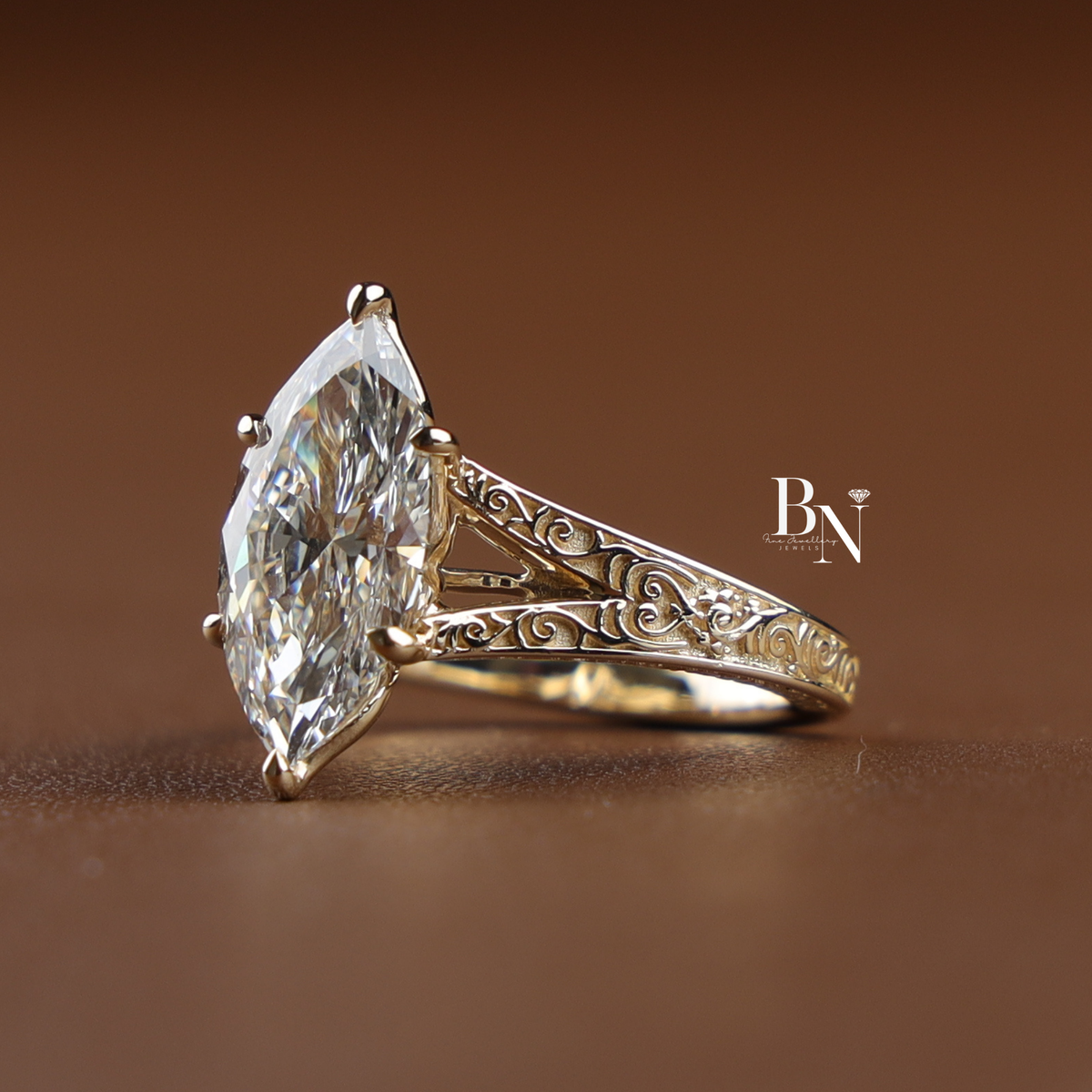 3ct Marquise Cut Lab Grown Diamond Engagement Ring, Vintage Filigree Yellow Gold Solitaire Ring