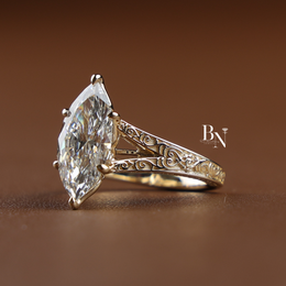 3ct Marquise Cut Lab Grown Diamond Engagement Ring, Vintage Filigree Yellow Gold Solitaire Ring