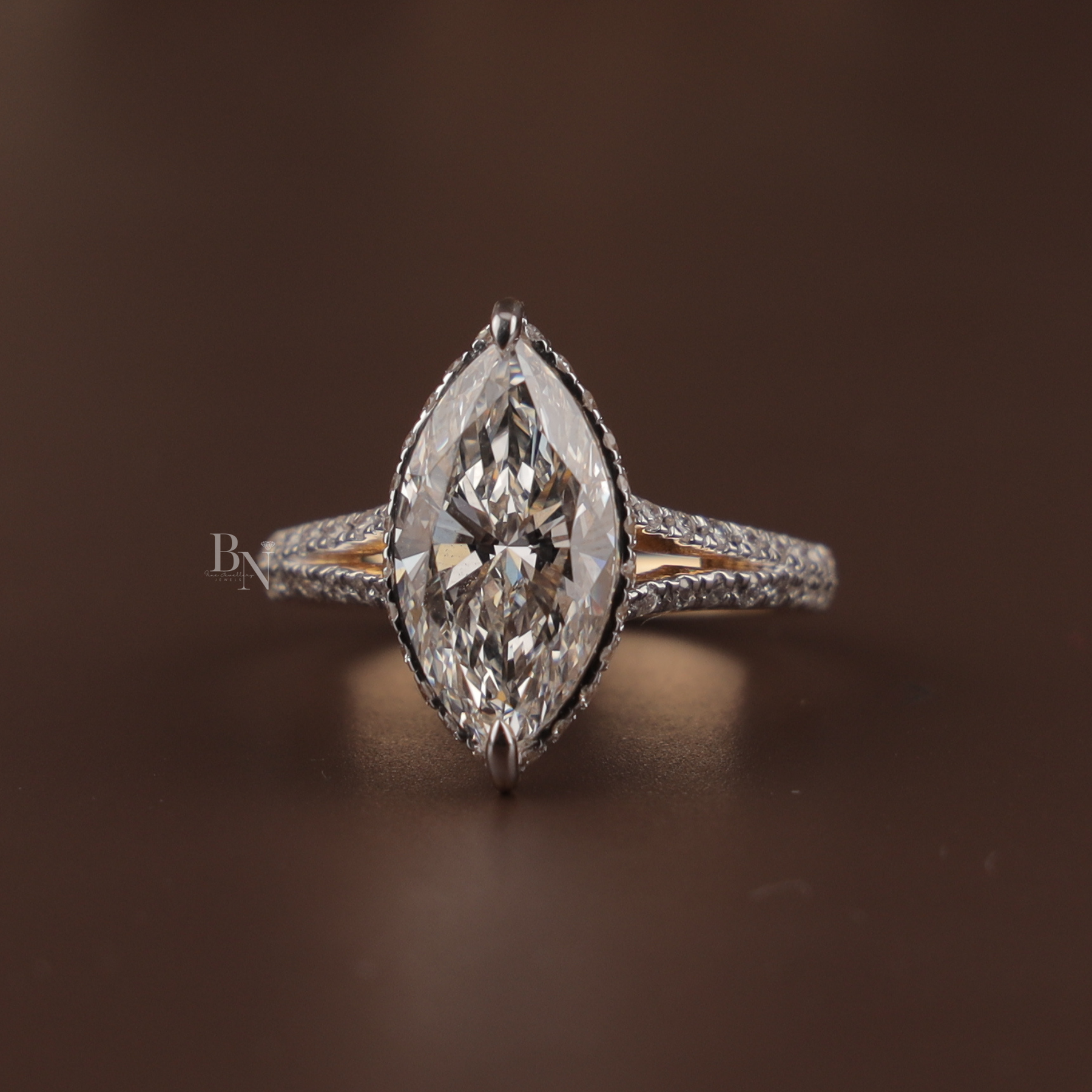 3ct Marquise Lab Grown Diamond Engagement Ring | Hidden Halo Pavé Split Shank 14K Yellow Gold