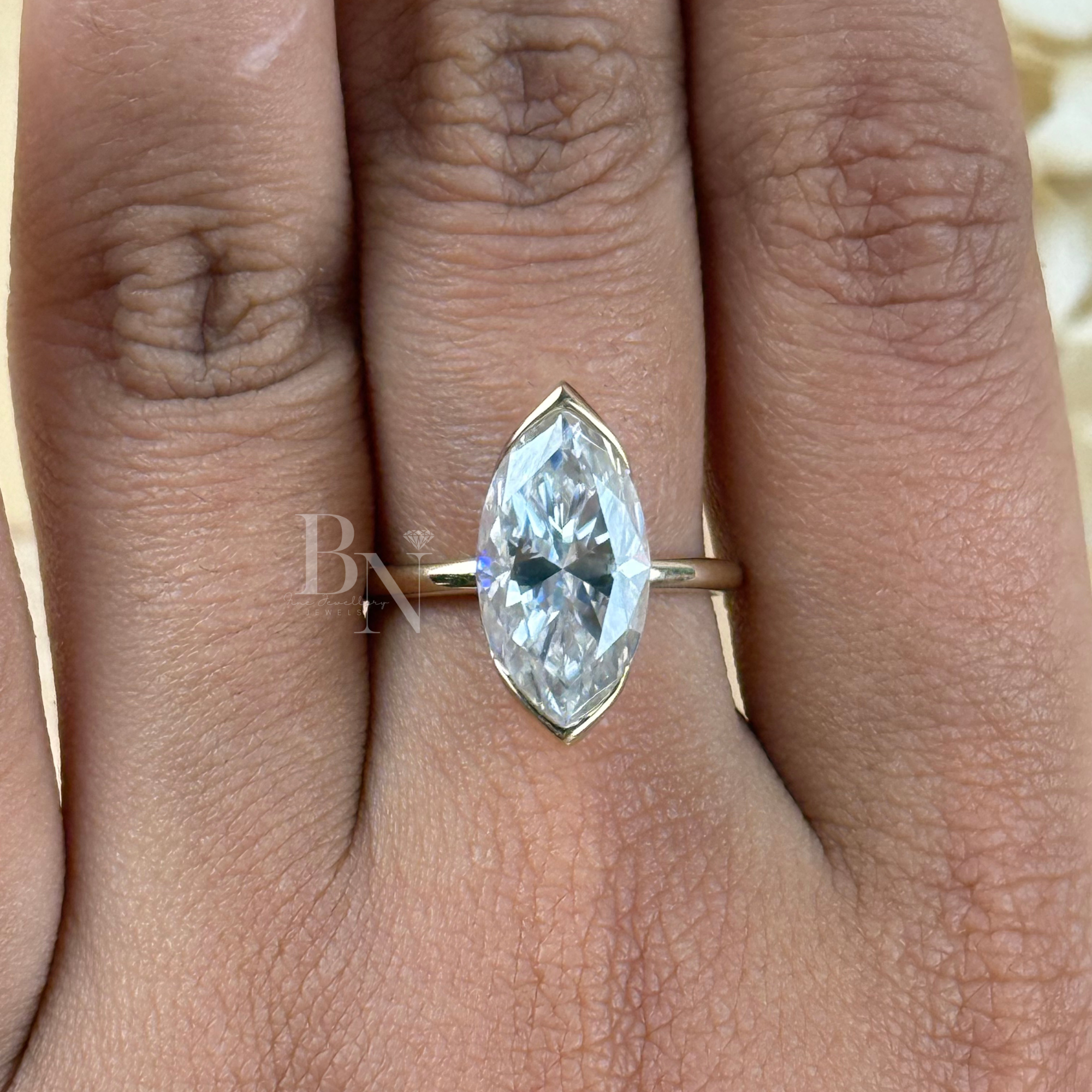 4ct Marquise Lab Grown Diamond Engagement Ring | 14K Yellow Gold Full Bezel Set Solitaire | Type IIa IGI Certified | Elongated Bridal Ring