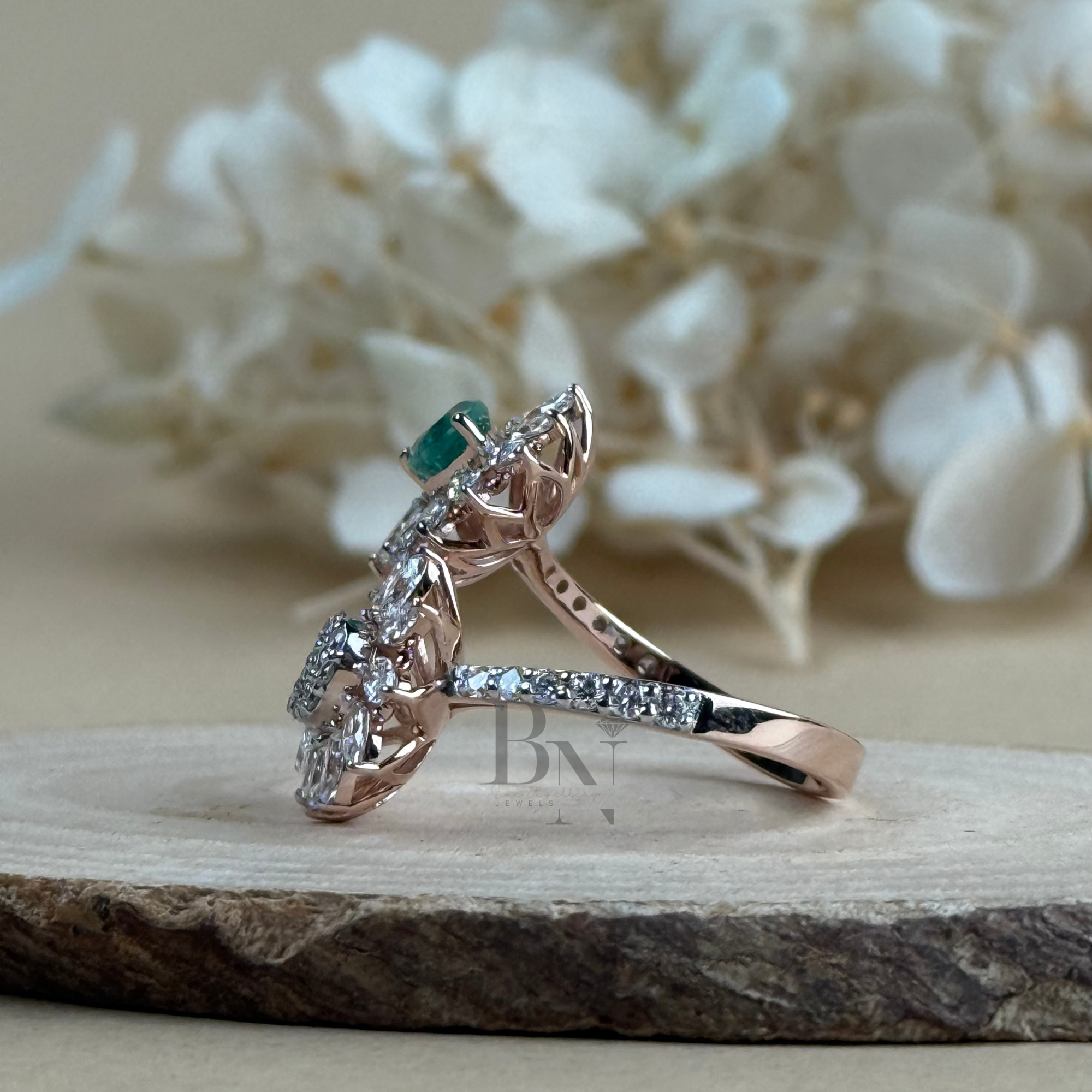0.50ct Pear Green Emerald & Lab Diamond Toi et Moi Ring | Floral Cluster Two Stone Engagement Ring | 14K Rose Gold Pave Bypass Bridal Band