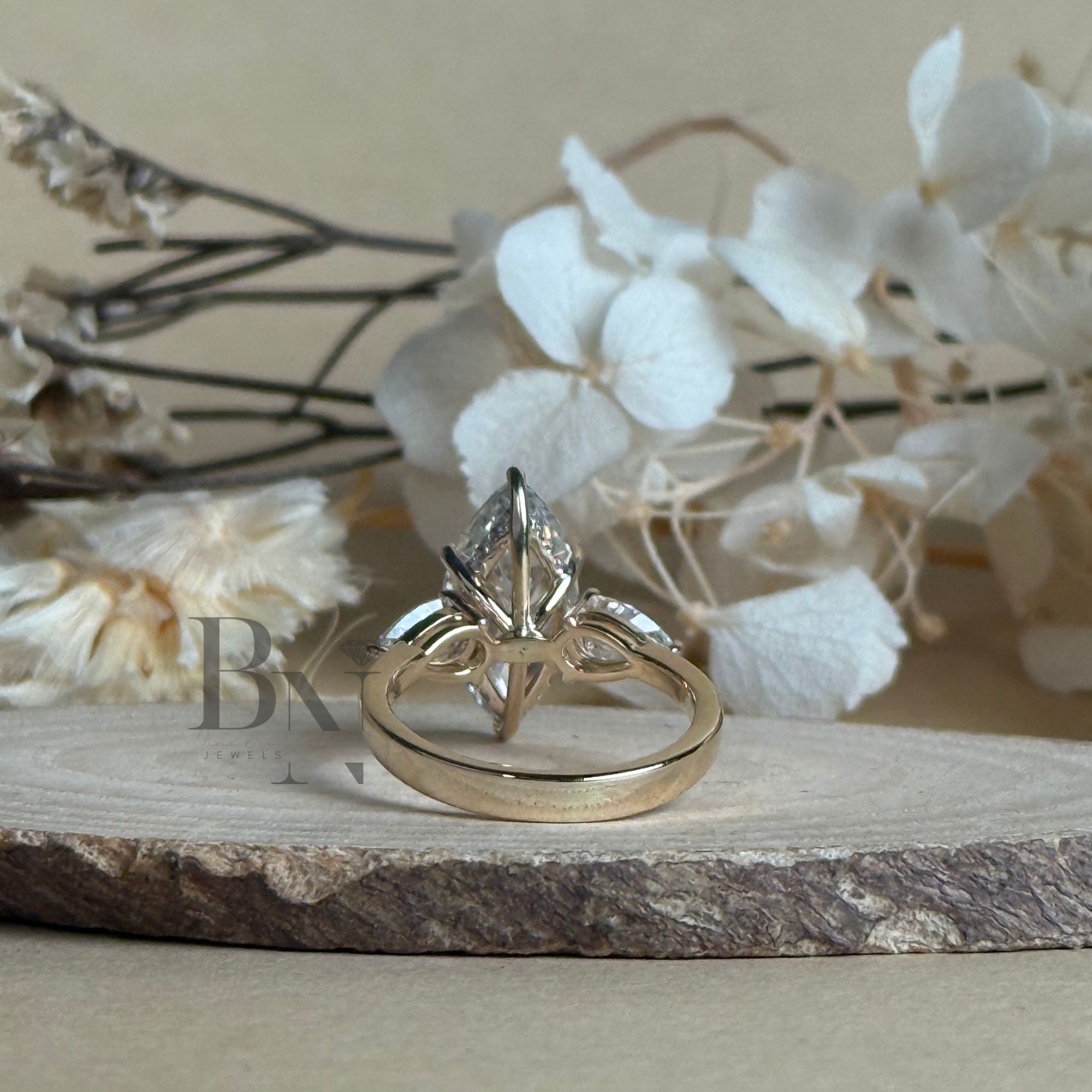 3ct Marquise Lab Grown Diamond Engagement Ring | Hidden Halo | 14K Gold Three Stone Pear Side | Type IIa IGI Certified