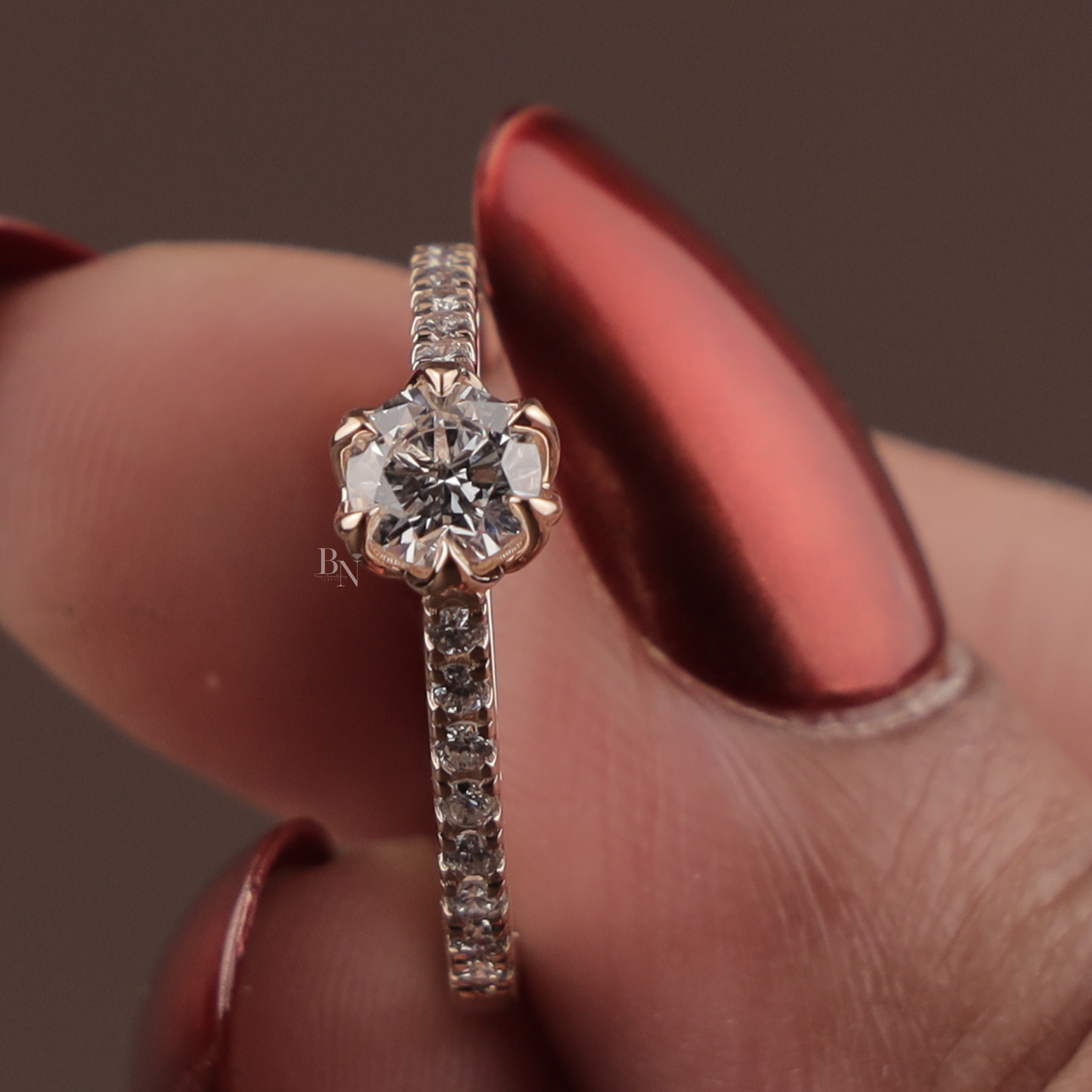 1ct Round Lab Grown Diamond Engagement Ring | Floral Petal Pavé Dainty Bridal 14K Rose Gold