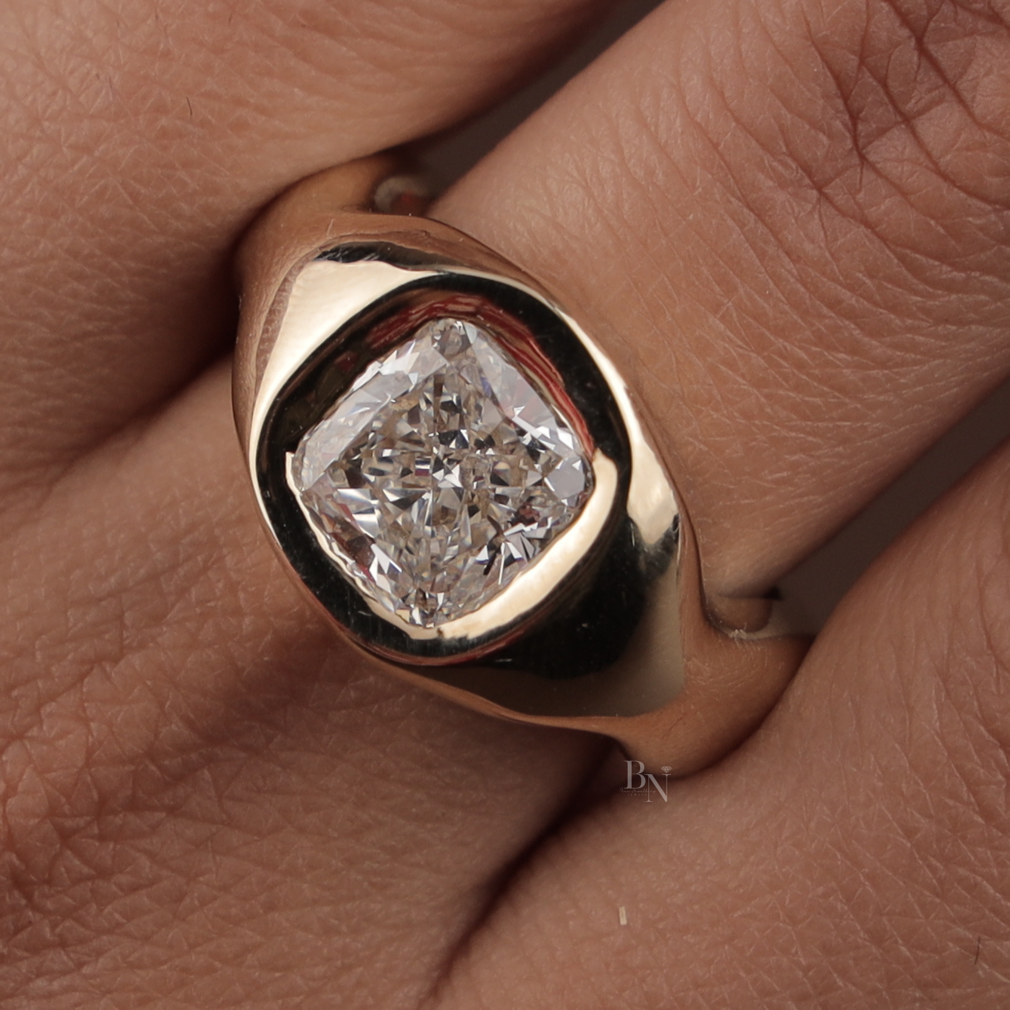 3ct Elongated Cushion Lab Grown Diamond Engagement Ring | 14K Yellow Gold Sculptural Bezel | Organic Wave Solitaire | IGI Certified |