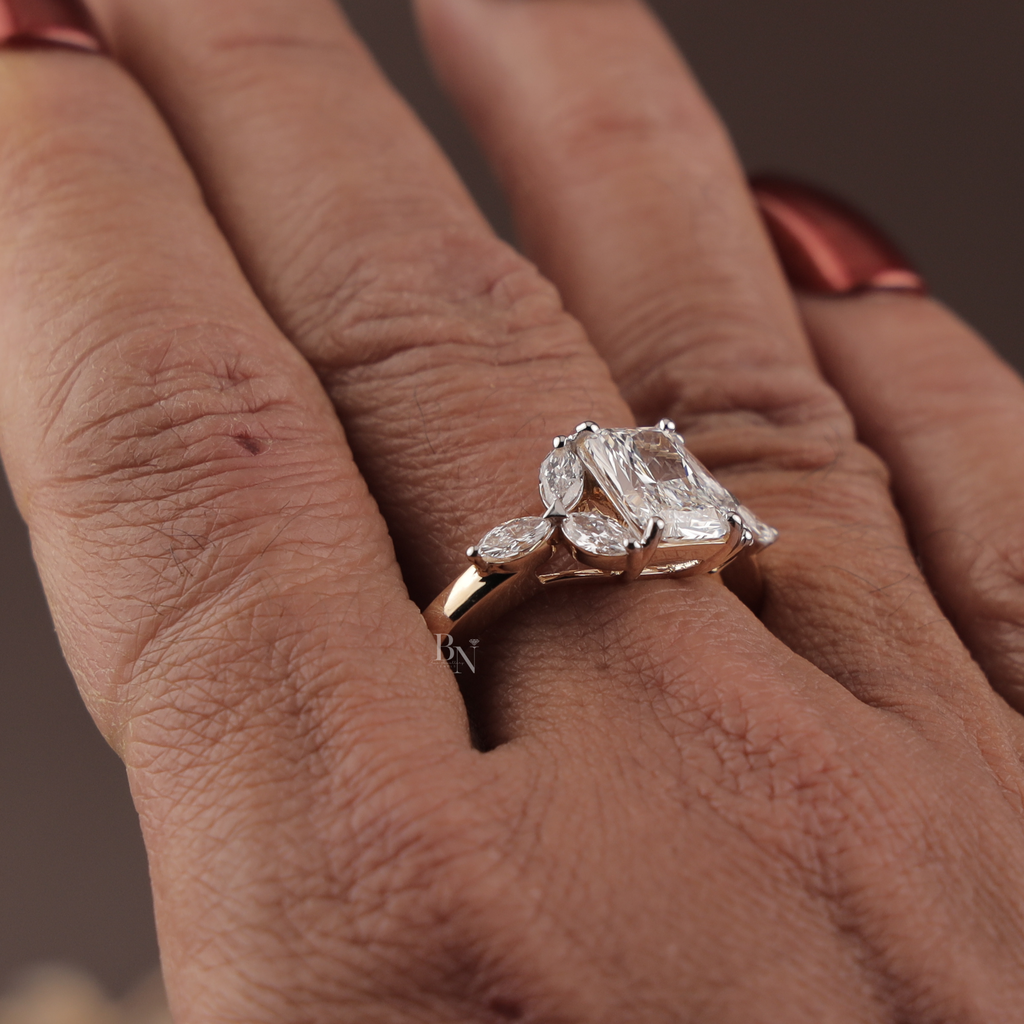 Radiant Cut Engagement Ring | 14k Gold Leaf Marquise Accents Three Stone Proposal Ring