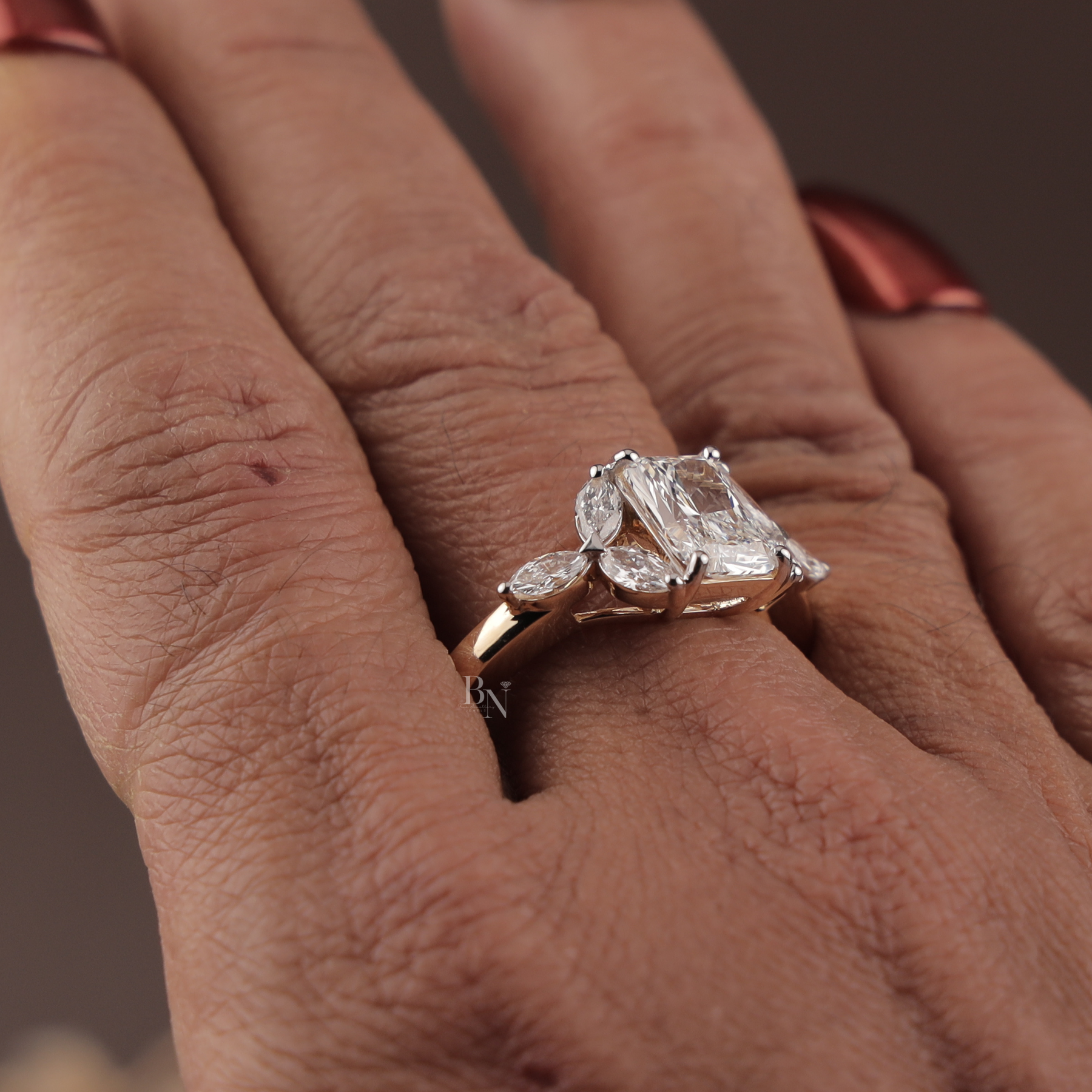 Radiant Cut Lab Grown Diamond Engagement Ring | Leaf Marquise Accents Three Stone 14K Gold