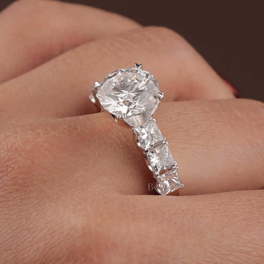 3ct Round Lab Grown Diamond Engagement Ring | NSEW Compass Prong | 14K Gold Princess Cut Accents | IGI Certified Type IIa Bridal Jewelry