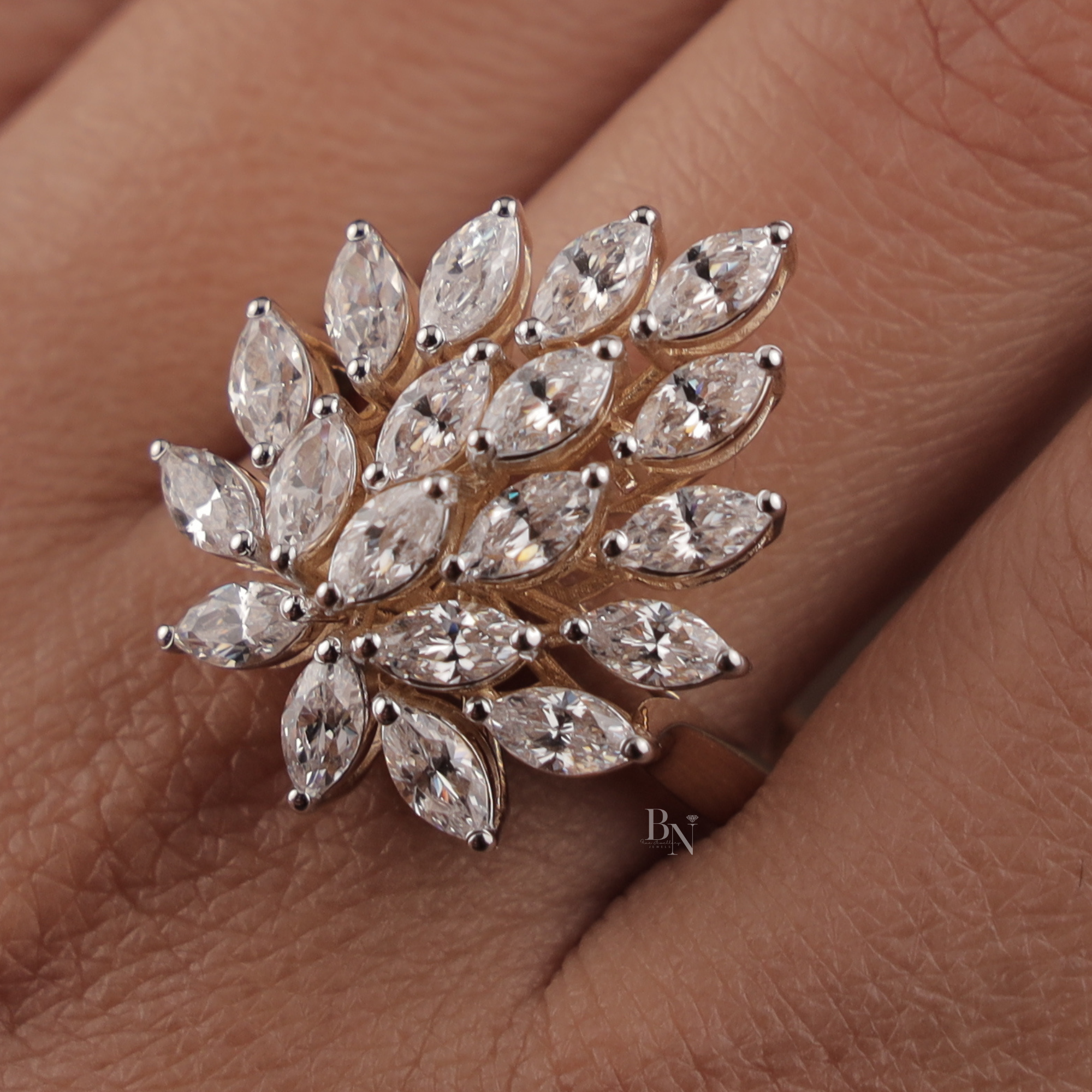 2ctw Marquise Lab Grown Diamond Statement Ring | 14K Yellow Gold Cluster Ring | Unique Sunburst Bridal Band | IGI Certified Lab Diamond |