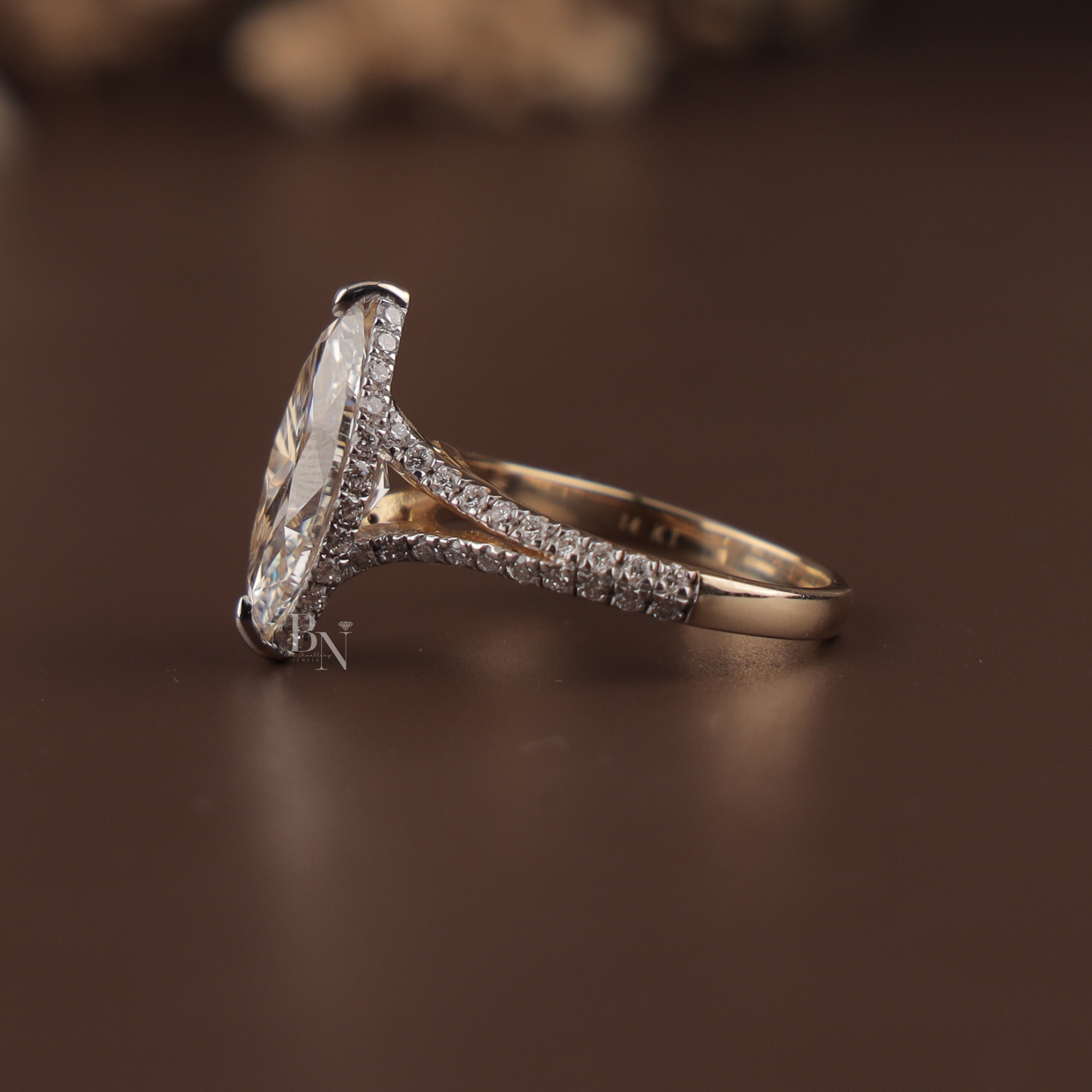 3ct Marquise Lab Grown Diamond Engagement Ring | Hidden Halo Pave Bridal Ring | 14K Yellow Gold Split Shank | IGI Certified | Promise Ring