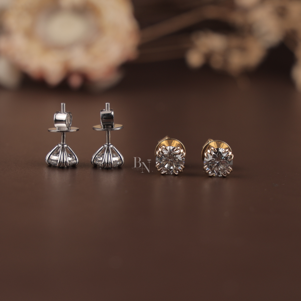 2ctw round brilliant lab grown diamond stud earrings, masterfully secured in unique 14k white gold 8-prong crown settings.