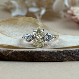 1.8ct Fancy Yellow Oval Lab Grown Diamond Engagement Ring | Pear Side Stones Three Stone 14K Gold