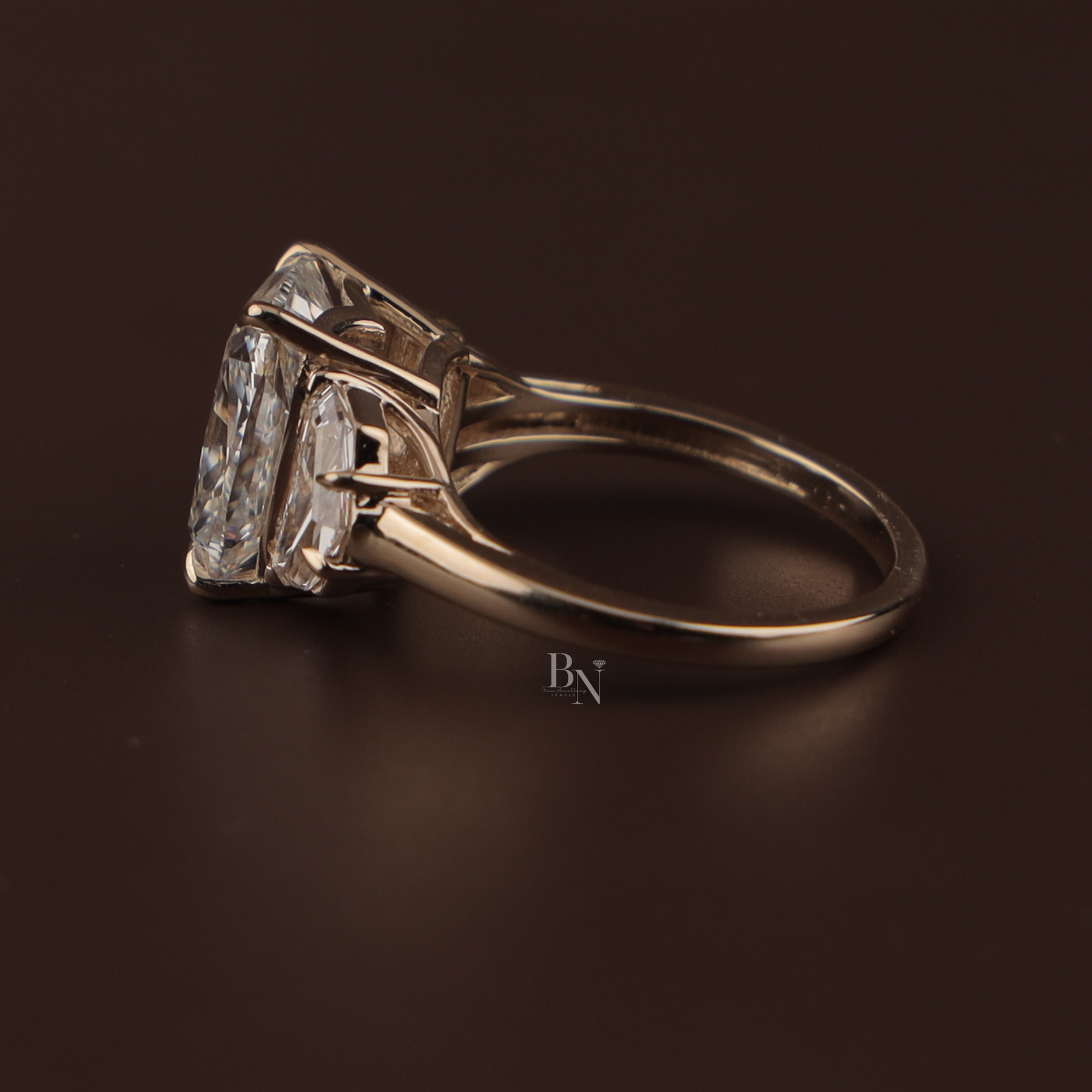 4ct Cushion Cut Lab Grown Diamond Engagement Ring | Three Stone Cadillac Side Stones 14K Yellow Gold