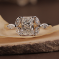 Radiant Cut Engagement Ring | 14k Gold Leaf Marquise Accents Three Stone Proposal Ring