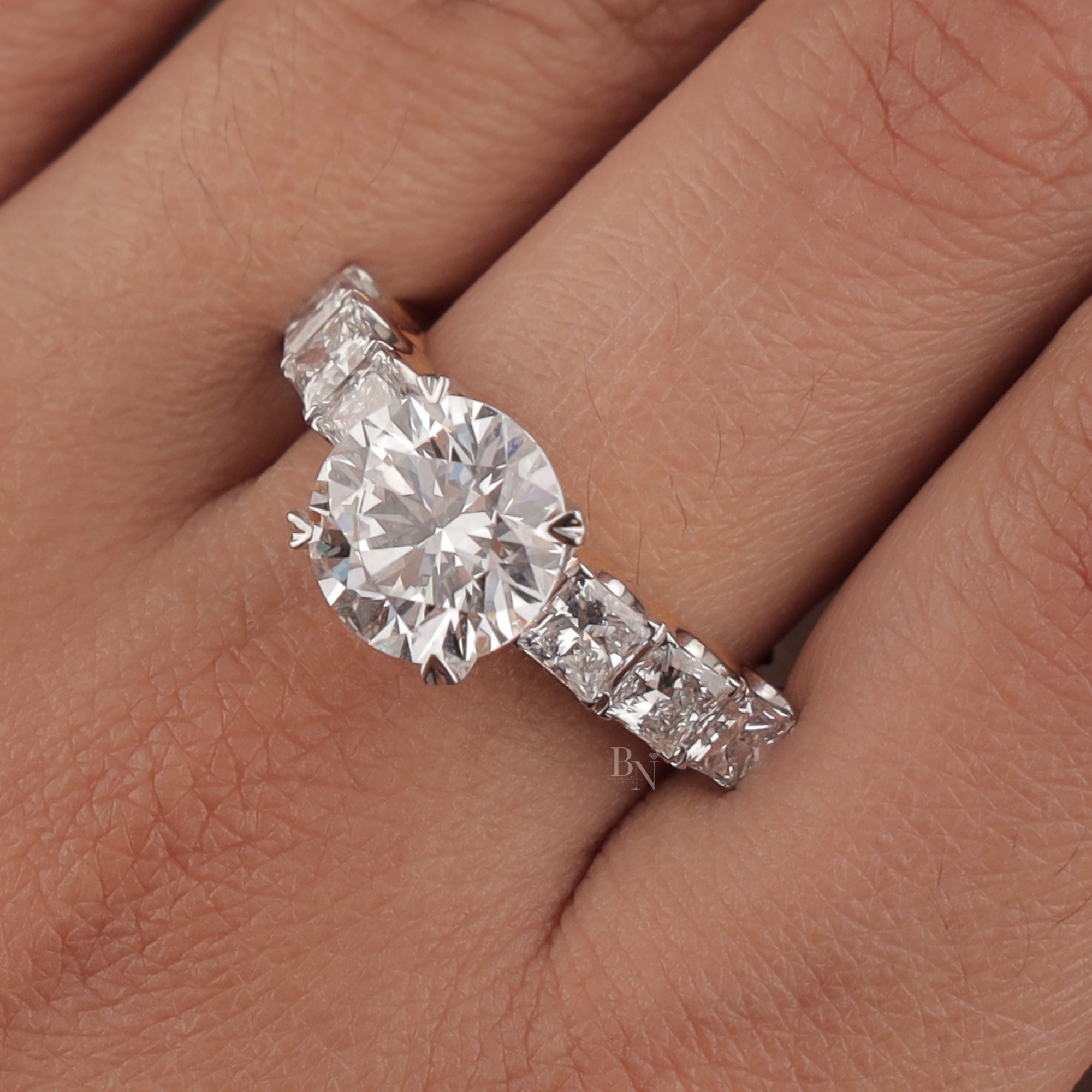 3ct Round Lab Grown Diamond Engagement Ring | NSEW Compass Prong | 14K Gold Princess Cut Accents | IGI Certified Type IIa Bridal Jewelry