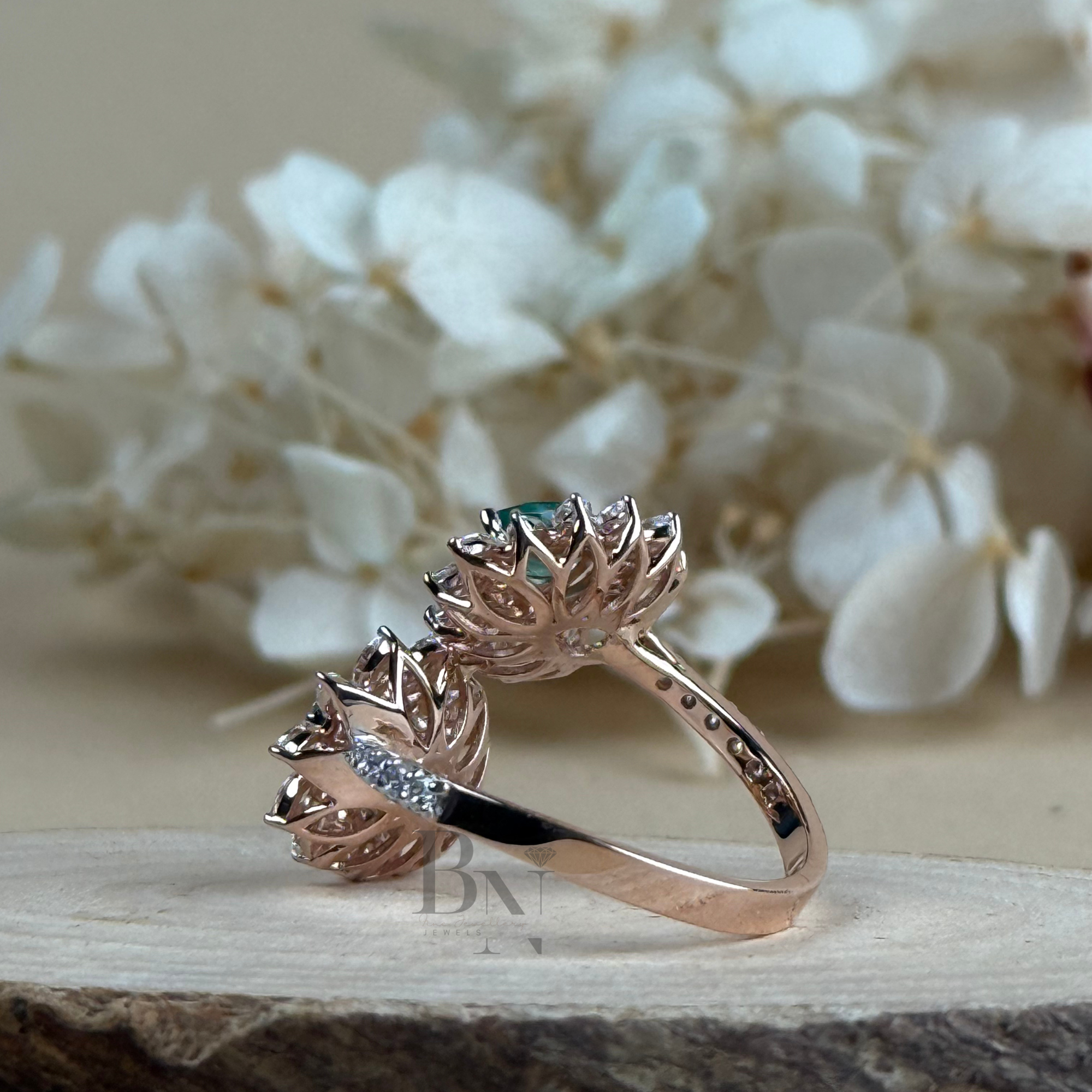 0.50ct Pear Green Emerald & Lab Diamond Toi et Moi Ring | Floral Cluster Two Stone Engagement Ring | 14K Rose Gold Pave Bypass Bridal Band